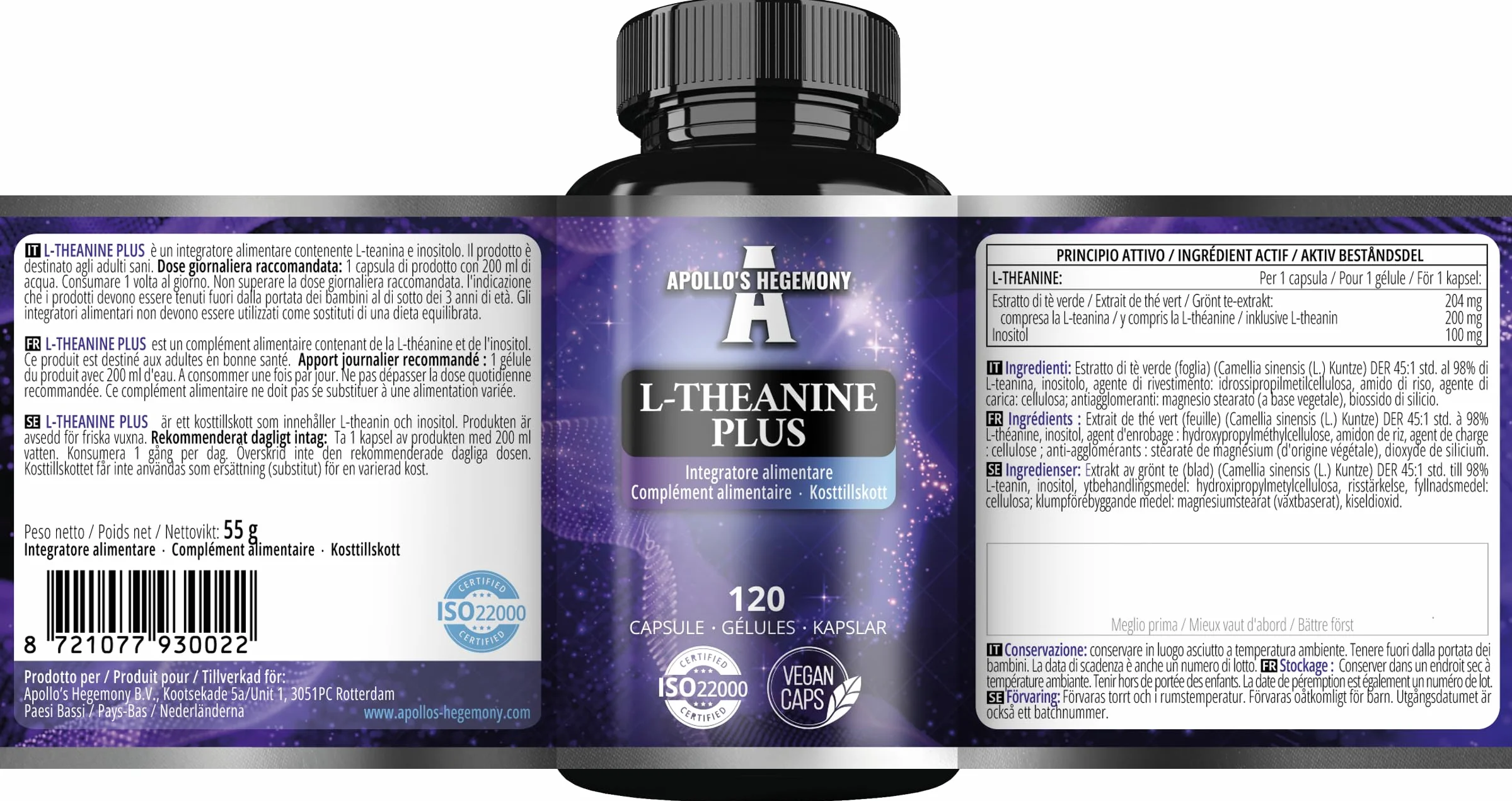 L-Teanina (98% estratto di tè verde) con Myo-Inositolo 300 mg - 120 capsule vegane - 4 mesi di fornitura - Supporta la chiarezza mentale e la gestione dello stress - da Apollo's Hegemony