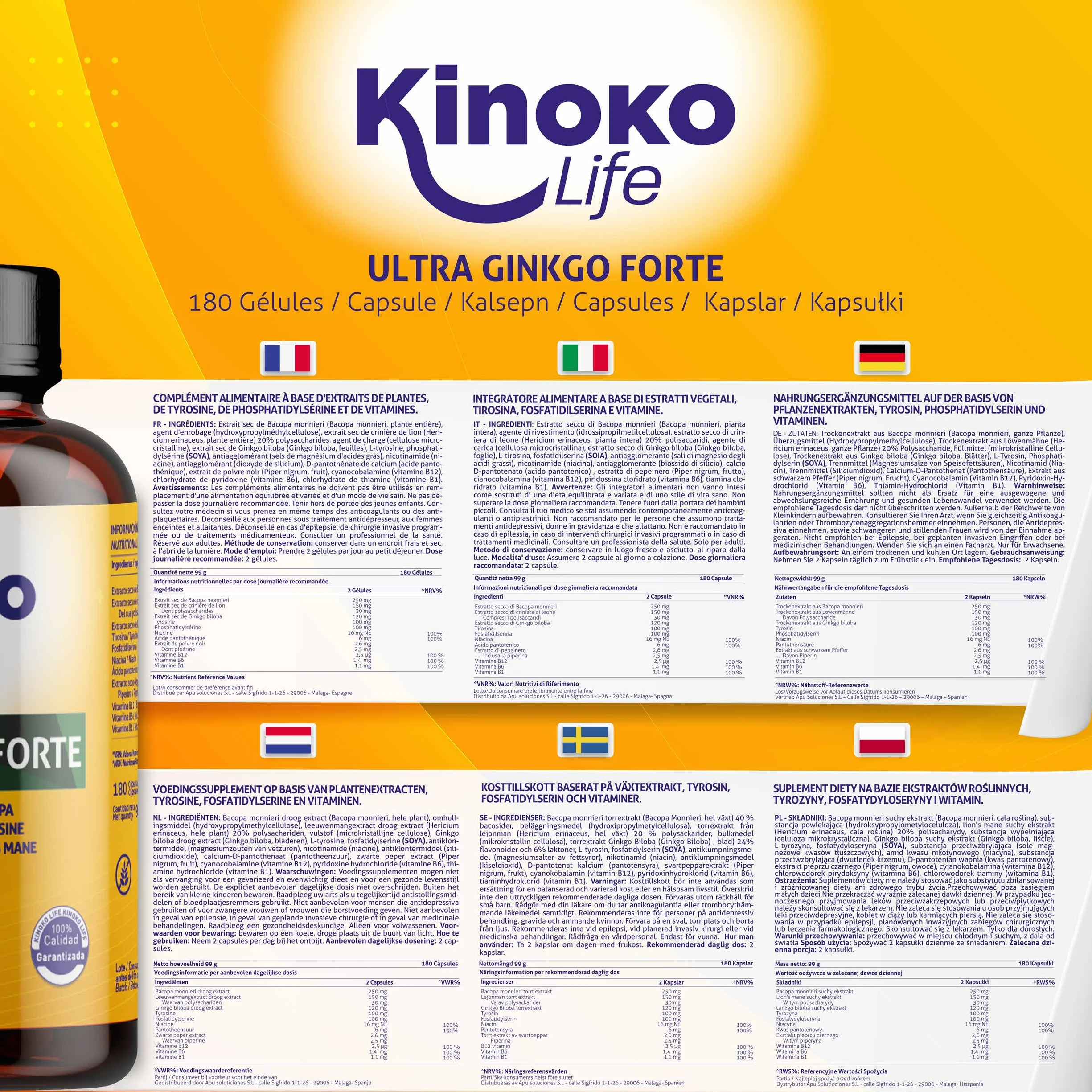 Ginkgo Biloba Forte 180 Capsule con Bacopa, Fosfatidilserina, Criniera di Leone, Tirosina, Niacina e Vitamine B Complex per Memoria e Concentrazione