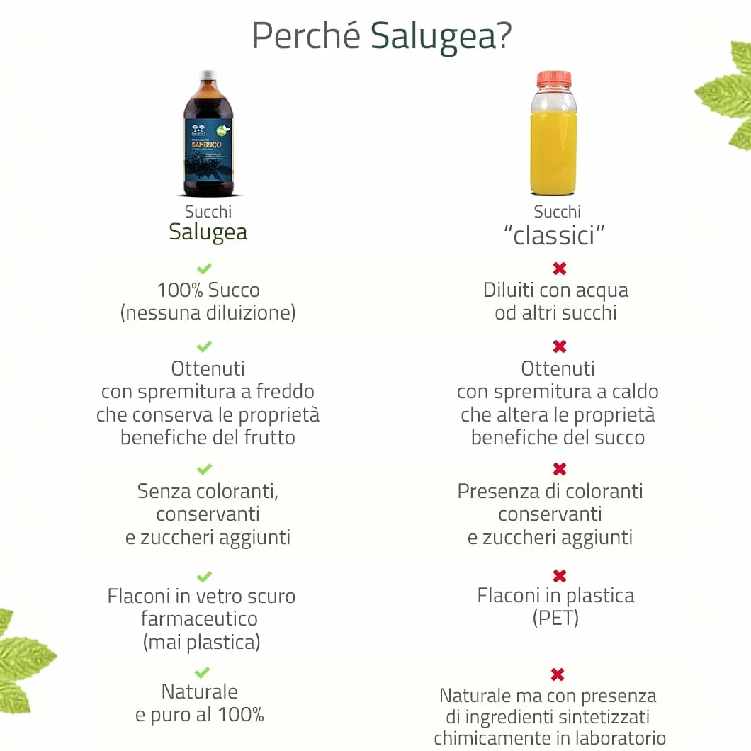 SUCCO DI SAMBUCO BIO Salugea - 100% Puro e Biologico - Integratore Fluidificante per le Vie Respiratorie, Antiossidante, Diuretico e Depurante - Flacone in Vetro Scuro - 500 ml