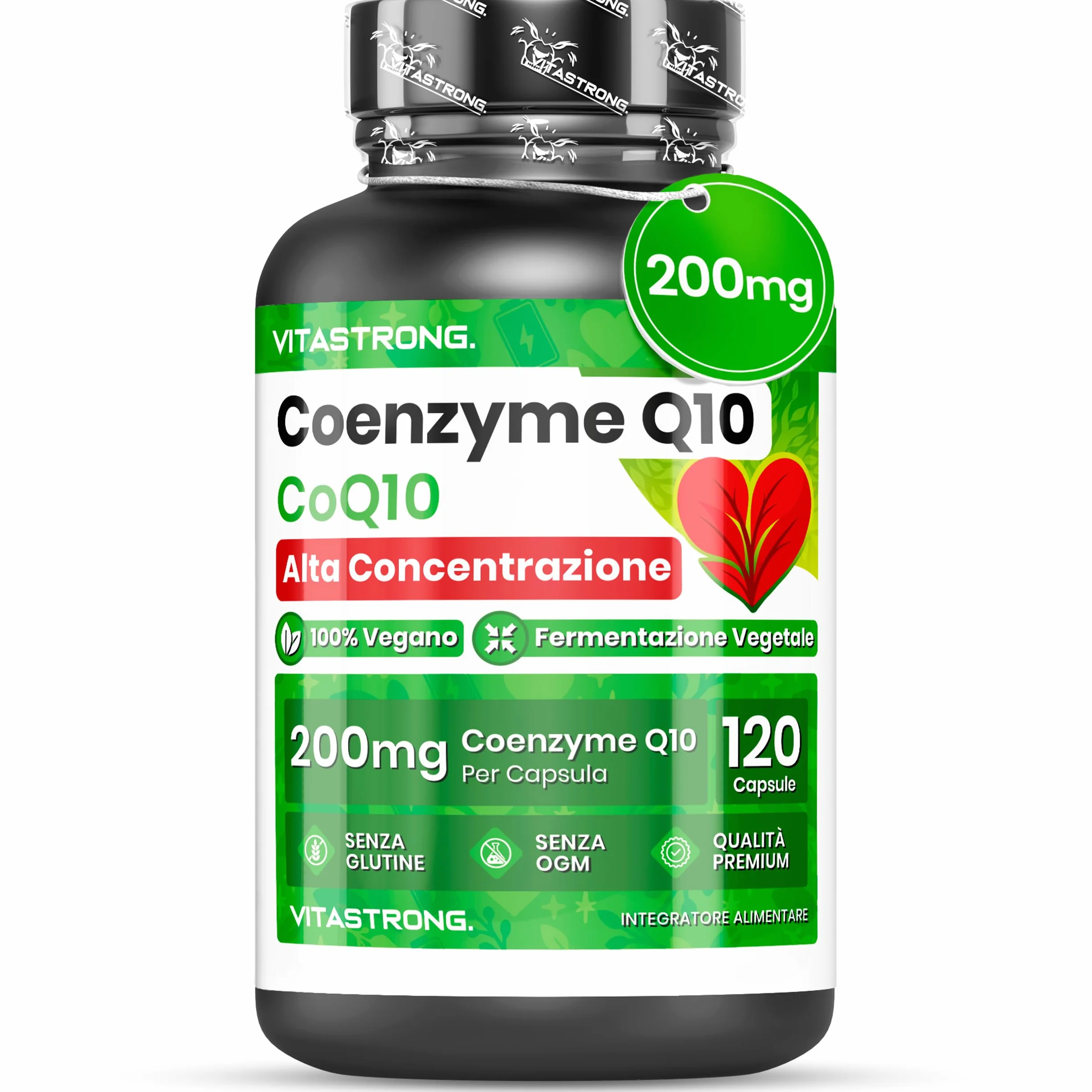 Coenzima Q10 200mg Alto Dosaggio, 1 Capsula al Giorno per 4 Mesi, 120 Capsule CoQ10 200mg Ognuna, Q10 Coenzima Premium Quality, Senza Glutine né OGM, Integratore Made in Italy Certificato