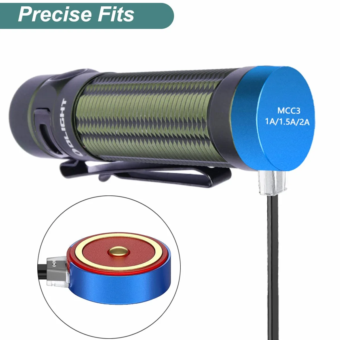 Kissmart MCC 3 Caricabatterie per Olight Odin/Odin Mini/PL-Pro/Baton3/Warrior Mini2/Perun 2/Seeker 3 Pro/Warrior 3s/Baldr Pro R, Cavo di ricarica USB 1m per torce