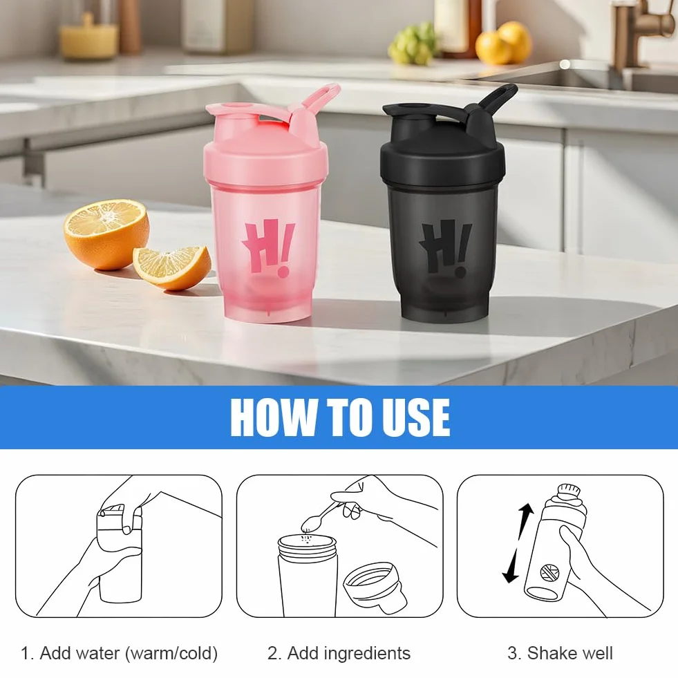AOOWU Shaker per Proteine, 2 Pcs Shaker Proteico 350 ML con Sfera di Miscelazione, Agitatore Snap-Fit, Protein Bottiglie a Prova di Perdite, Bottiglie per Miscele di Proteine e Integratori, Senza BPA
