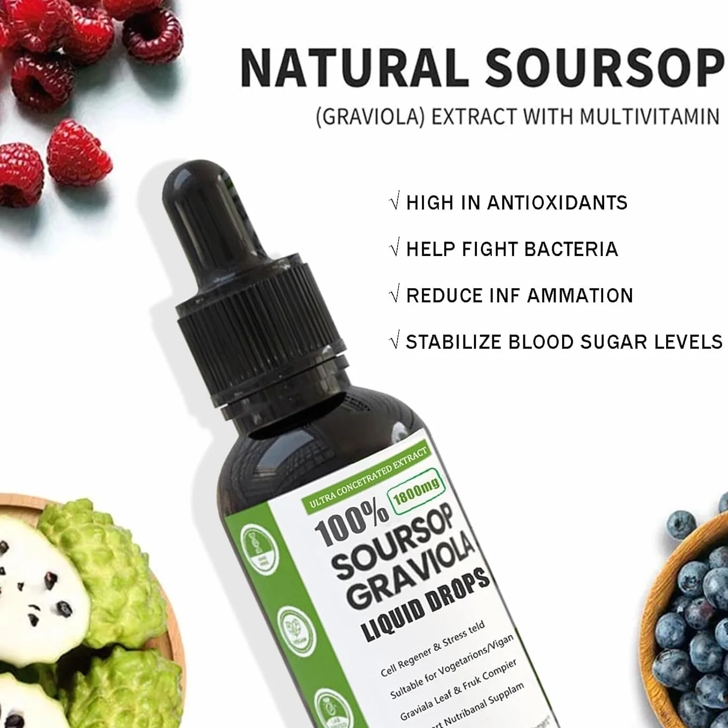 Naturesours Estratto di Soursop biologico, Naturesours 100% puro estratto di Soursop biologico, gocce liquide di graviola di Soursop stagnato 1800 mg, bontà di erbe, aroma naturale (1 pz)