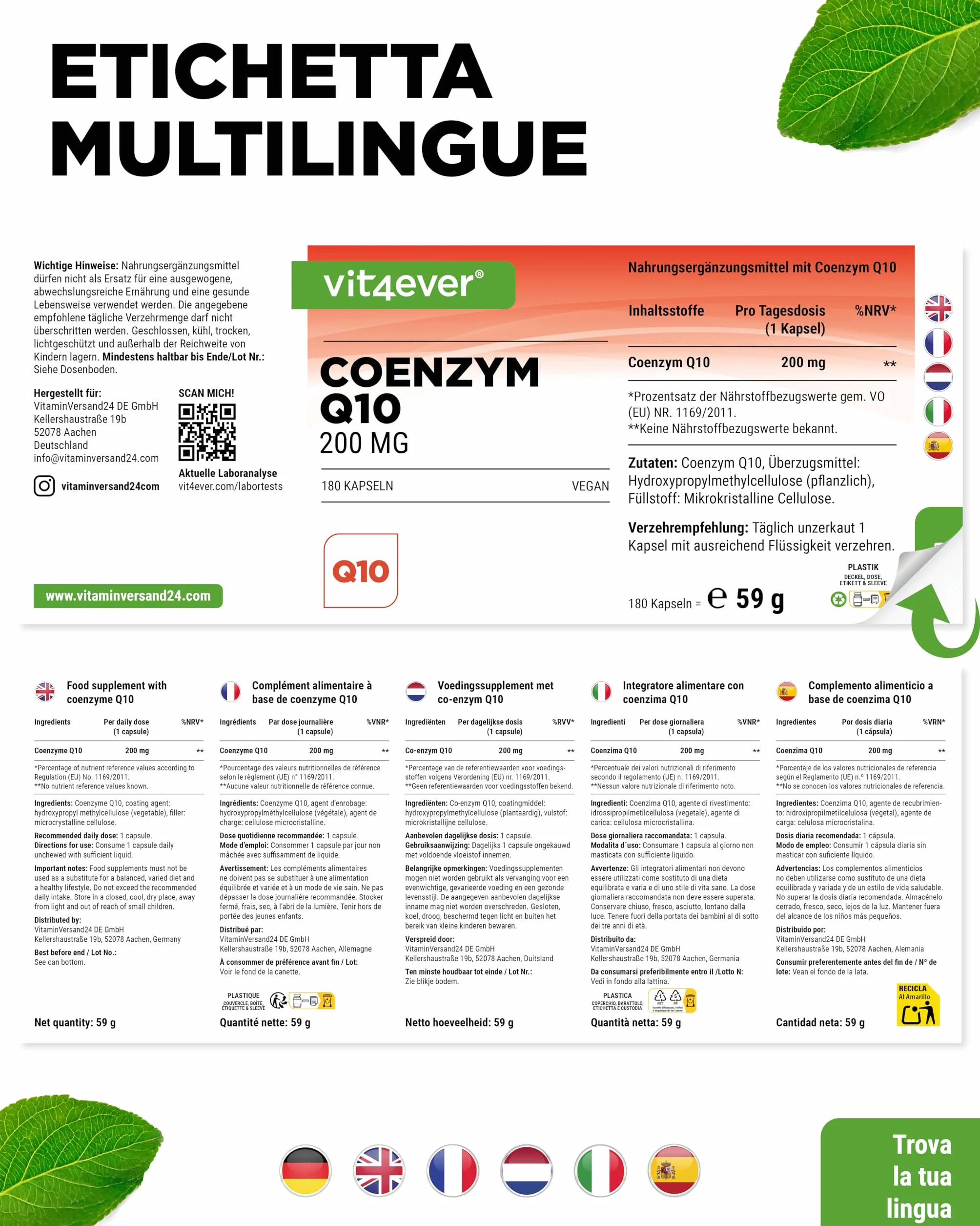 Coenzima Q10 con 200 mg per capsula - 180 capsule vegane - scorta per 6 mesi - Q10 di alta qualità - alto dosaggio, senza additivi inutili
