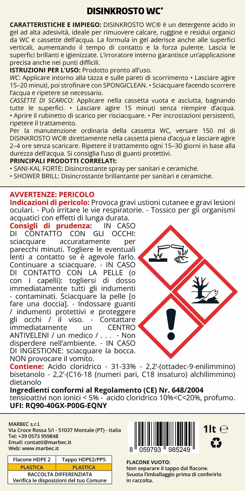 MARBEC DISINKROSTO WC 1LT Disincrostante forte per wc, elimina calcare e ruggine