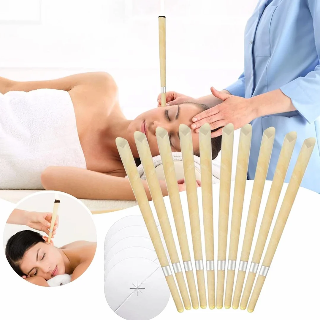 Candele per orecchie, kit per candele per rimozione del cerume con cera d'api organica naturale per orecchie bloccate, candele per orecchie da 10 pezzi con 5 dischi protettivi