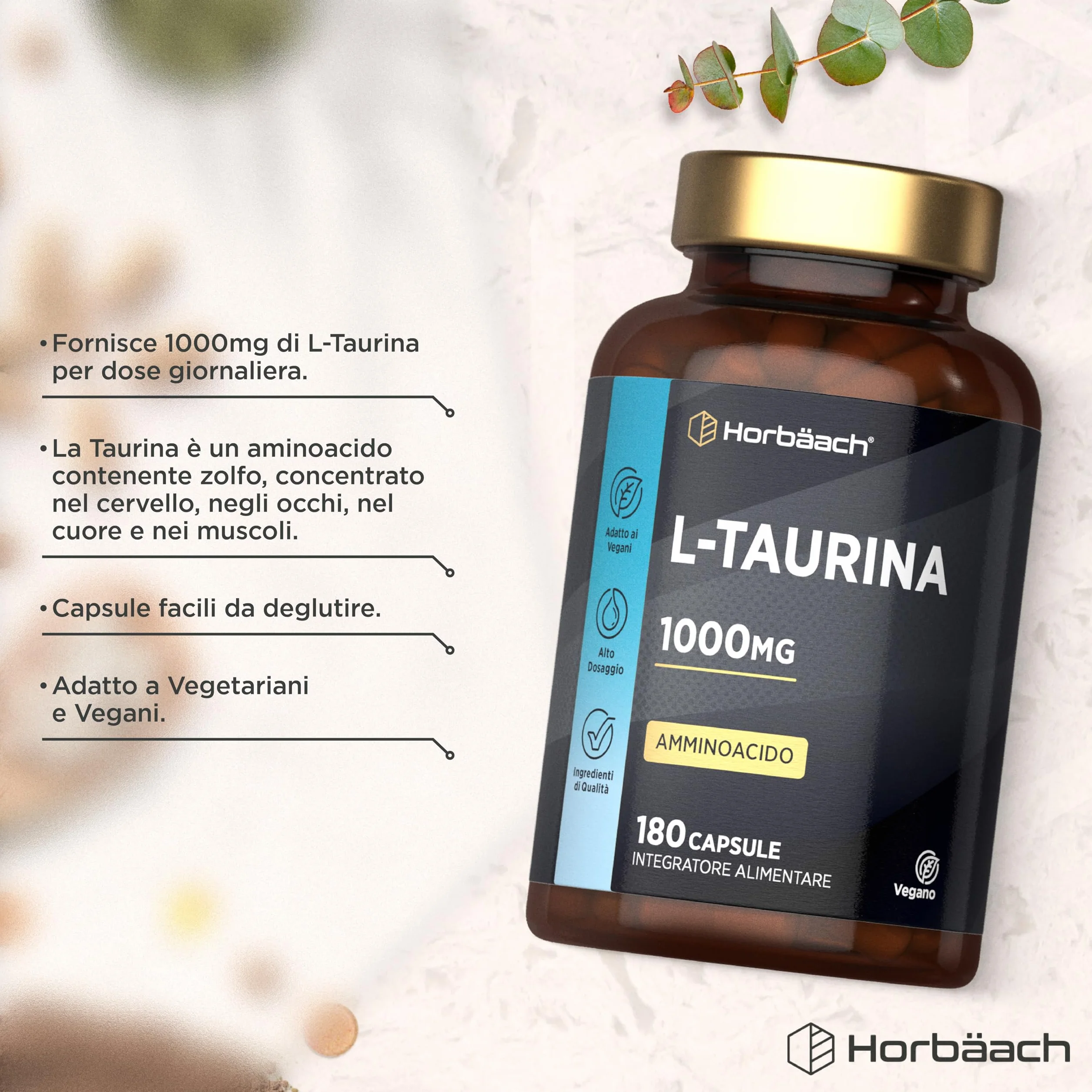 Horbaach Taurina 1000 mg 180 Capsule Vegane Aminoacidi Essenziali Pre Workout Post Workout