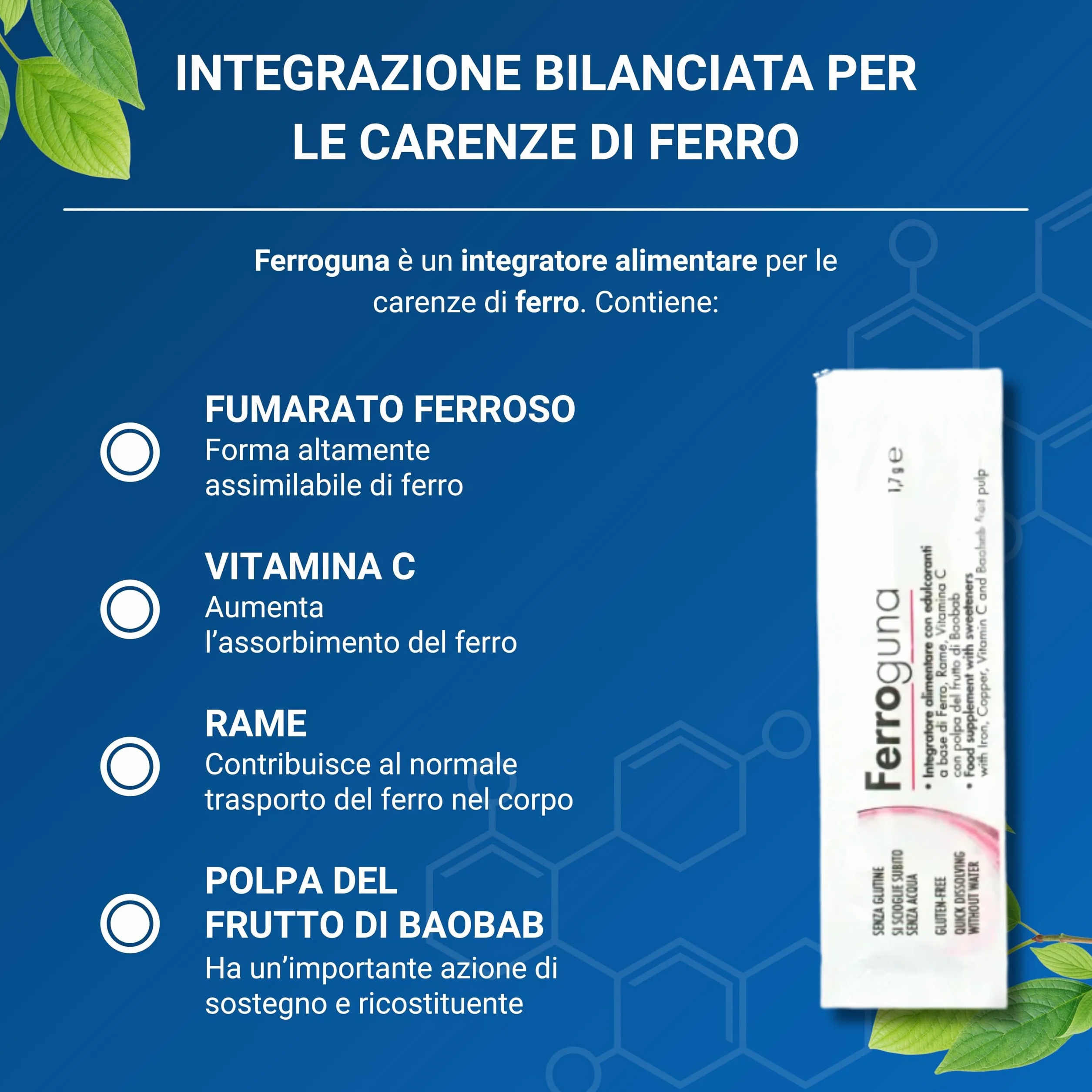 GUNA Ferroguna 28 Bustine Orosolubili - Integratore Alimentare a Base di Ferro, Rame, Vitamina C, con Polpa Disidratata del Frutto del Baobab