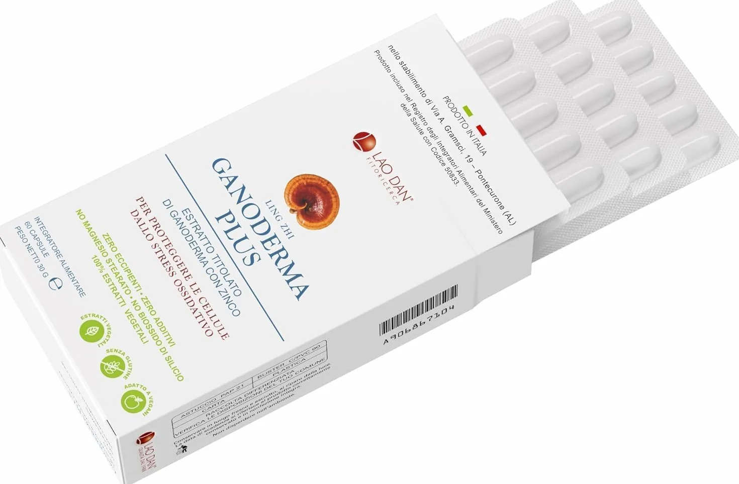 Nuovo GANODERMA PLUS - REISHI da Fitoricerca Lao Dan® Nuova formula 60 Cps 100% Naturale Zero Additivi +33% di Estratto Premium Quality 400mg Massima titolazione 50% polisaccaridi Made in Italy