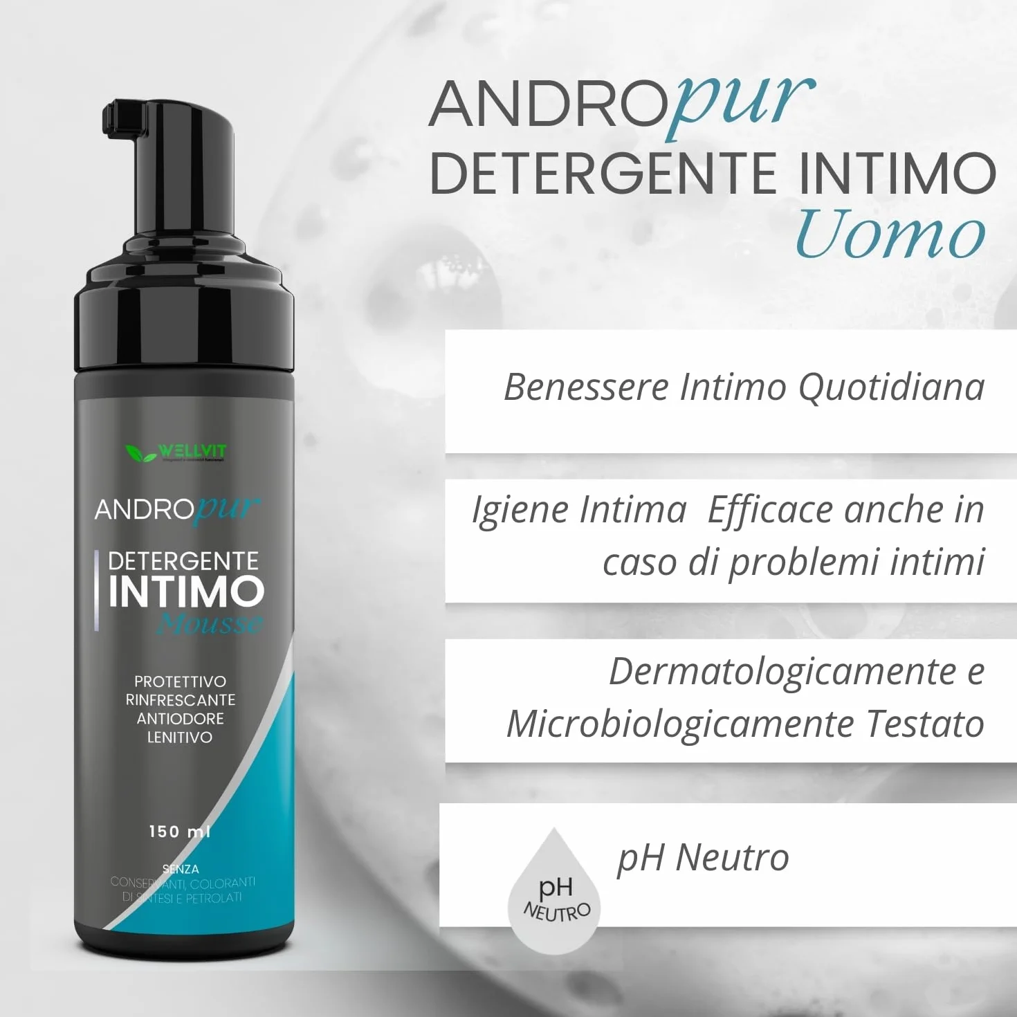 ANDROPUR Pregiato Sapone Intimo Uomo pH Neutro Rinfrescante Schiuma Mousse Detergente Igiene Intima Antibatterico Protettivo 150ml