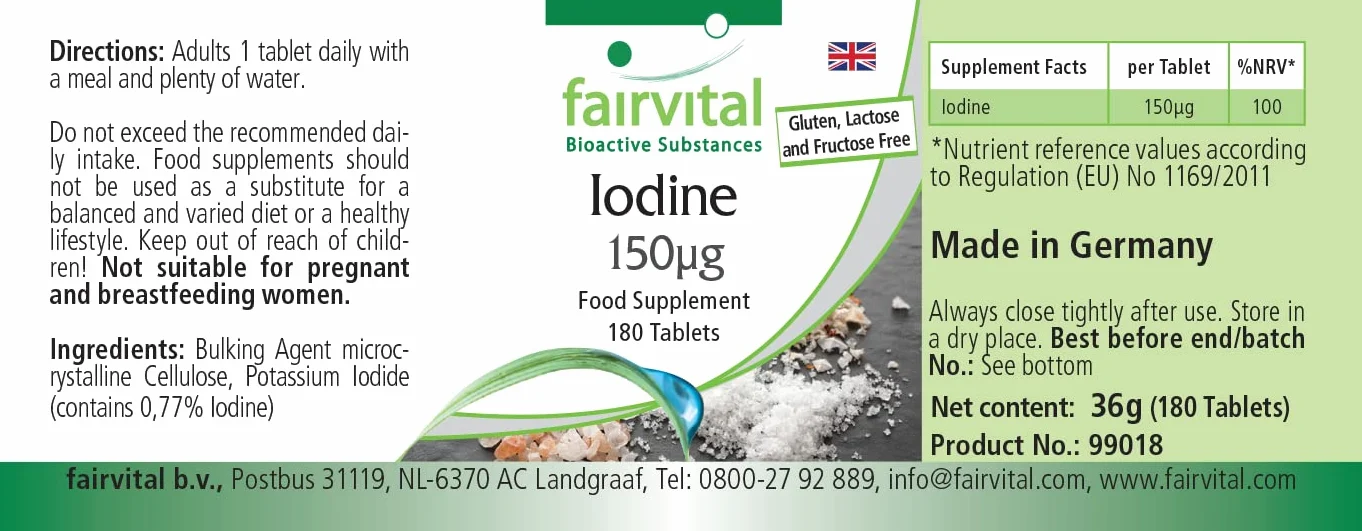 fairvital Compresse di iodio, 180 compresse, facili da deglutire, ALTO DOSAGGIO con 150 µg di iodio per compressa, a base di ioduro di potassio, VEGANE