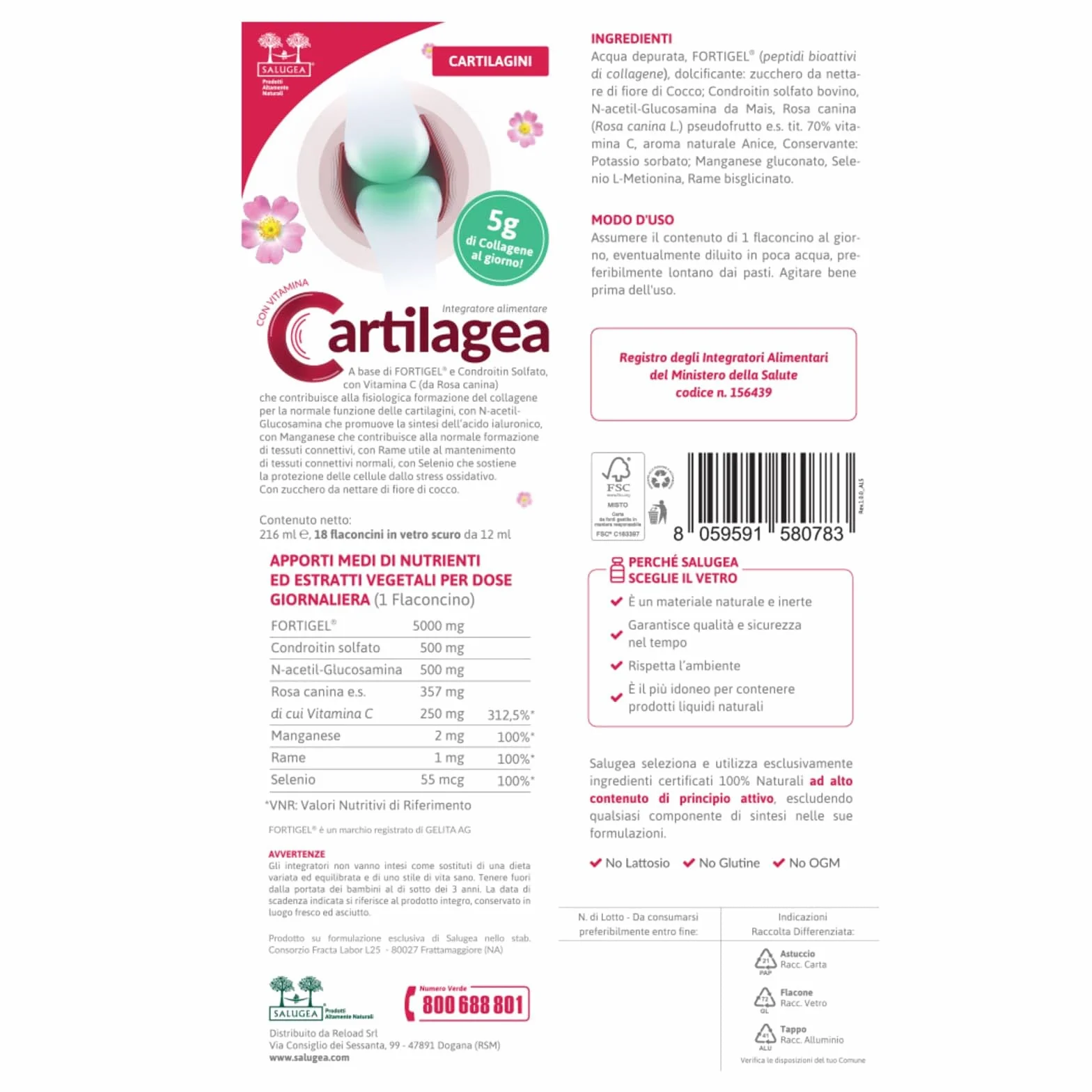 CARTILAGEA Salugea Integratore Cartilagini Collagene Idrolizzato Glucosamina Condroitina Rosa Canina Manganese Rame Selenio 18 Flaconcini