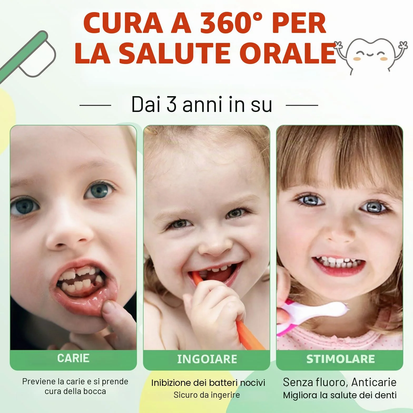 Dentifricio Schiuma Bambini, Riduce la Placca, Dentifricio in Schiuma Sbiancante a Basso Contenuto di Fluoro con Formula Naturale per Spazzolino a Forma di U dai 3 Anni in su (Fragola & Anguria)