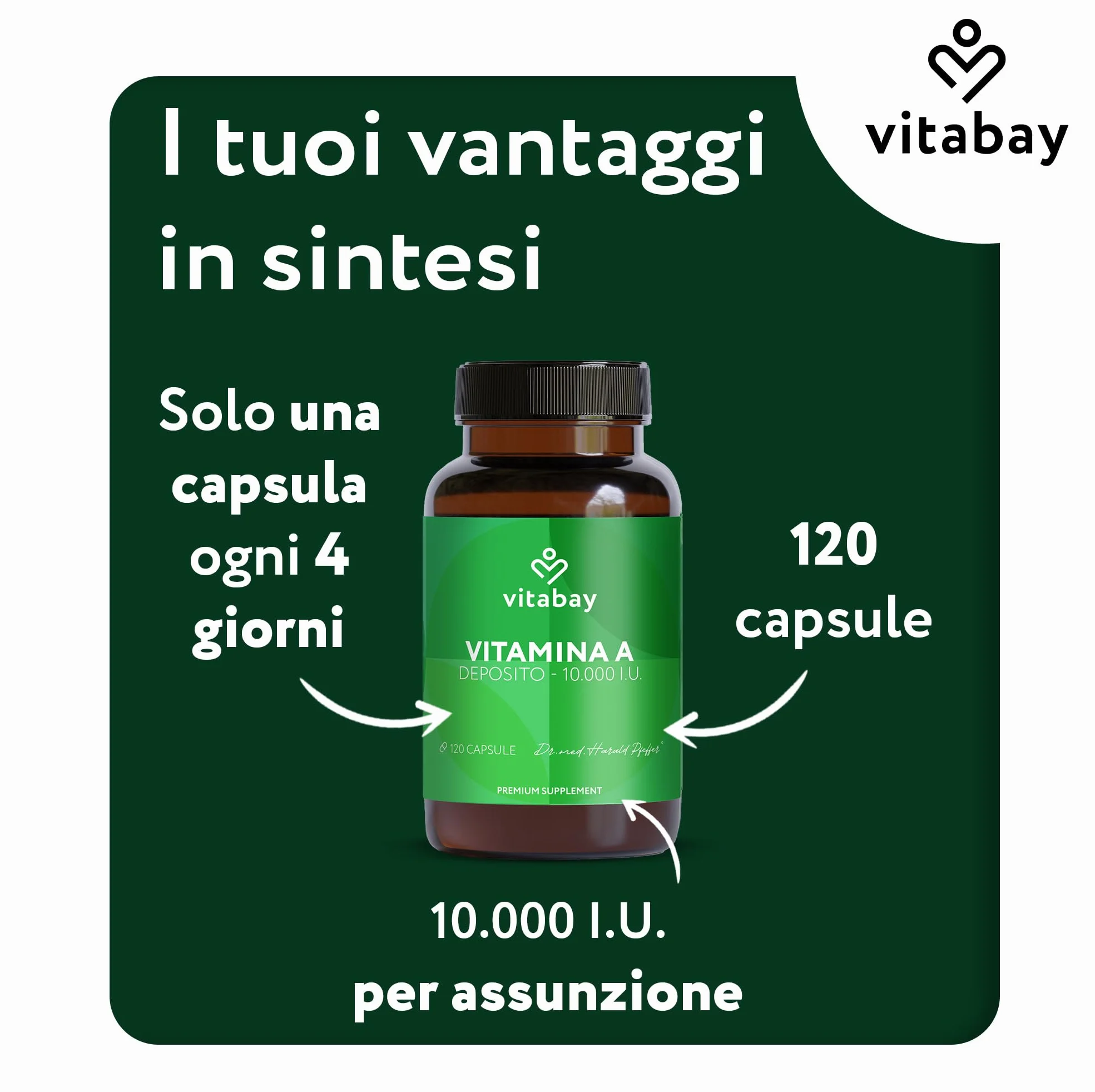 Vitabay Vitamina A capsule ad alto dosaggio – 120 capsule vegane di vitamina A retinolo 10000 UI – Vitamine A per occhi, pelle e sistema immunitario – Vit A Vegan – Testato in laboratorio