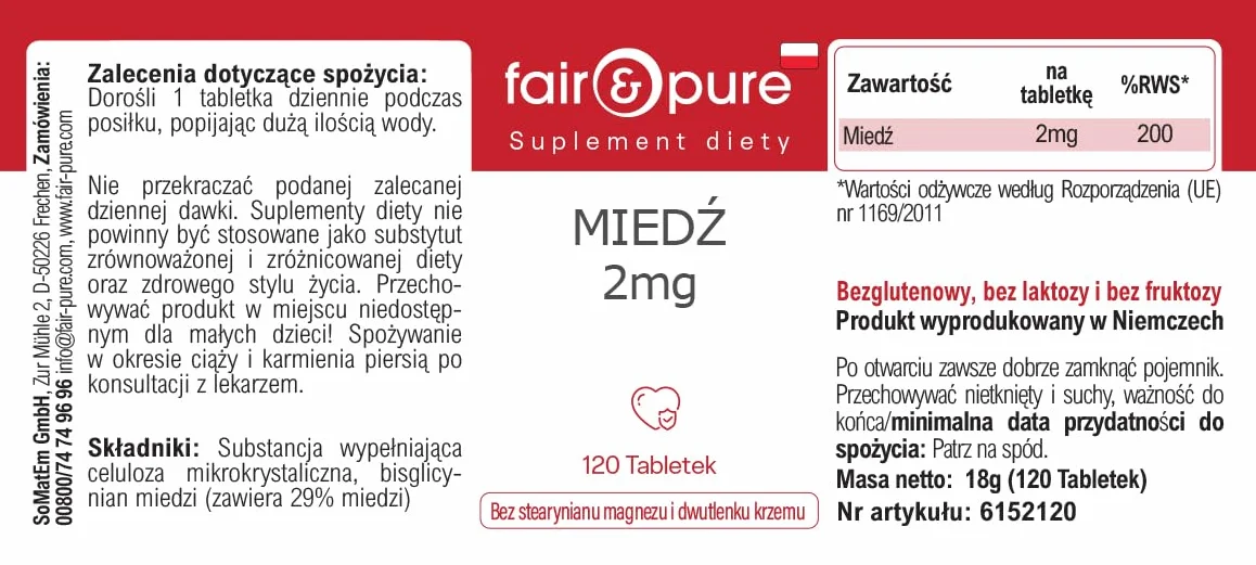 Fair & Pure® - Rame bisglicinato 2mg - Integratore di rame - Buona disponibilità biologica - Vegan - 120 Compresse