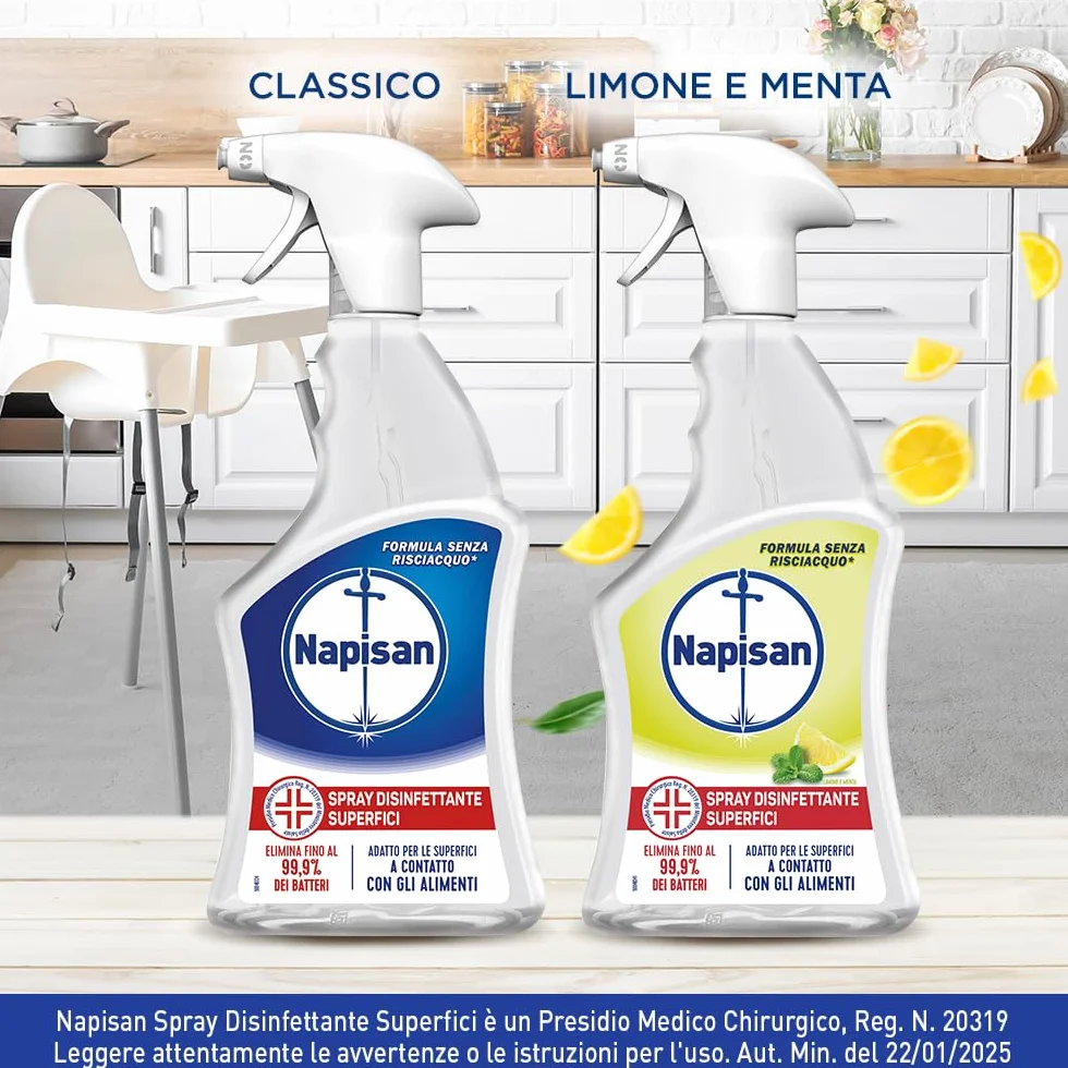Napisan Spray Disinfettante Multisuperfici Limone e Menta, Confezione da 12x740 ml