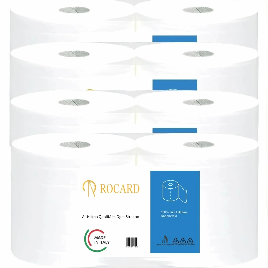 Rocard® – Maxi Carta – 8 Rotoloni Asciugatutto, Super Assorbenti, 2 Veli Pura Cellulosa con Microgoffratura, Fino a 6400 Strappi – Ideale per Uso Alimentare, Domestico e Professionale