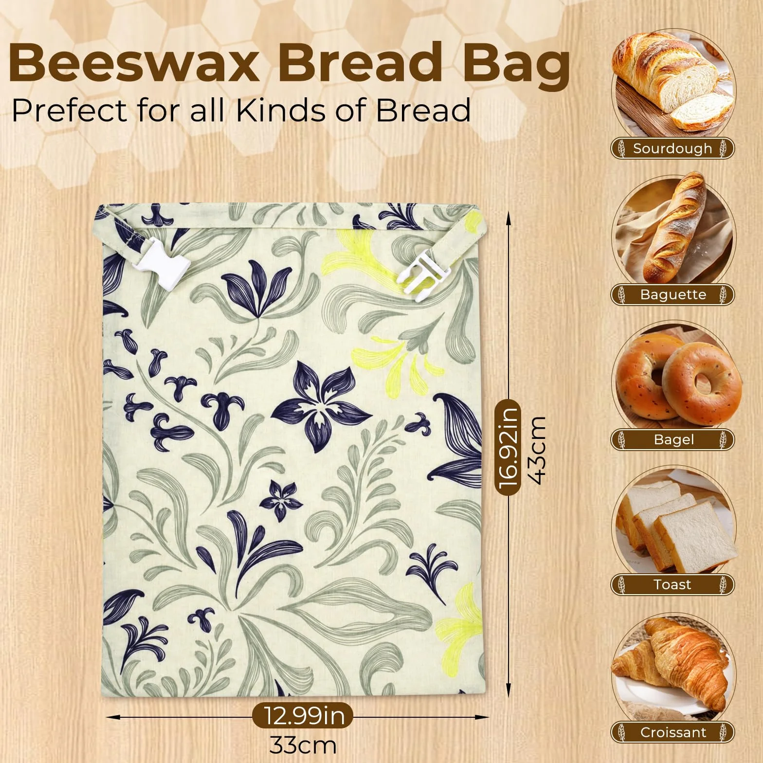 Sacchetti per il pane di cera d'api, 43×33 cm, cotone rivestito in cera d'api naturale, confezione da 2
