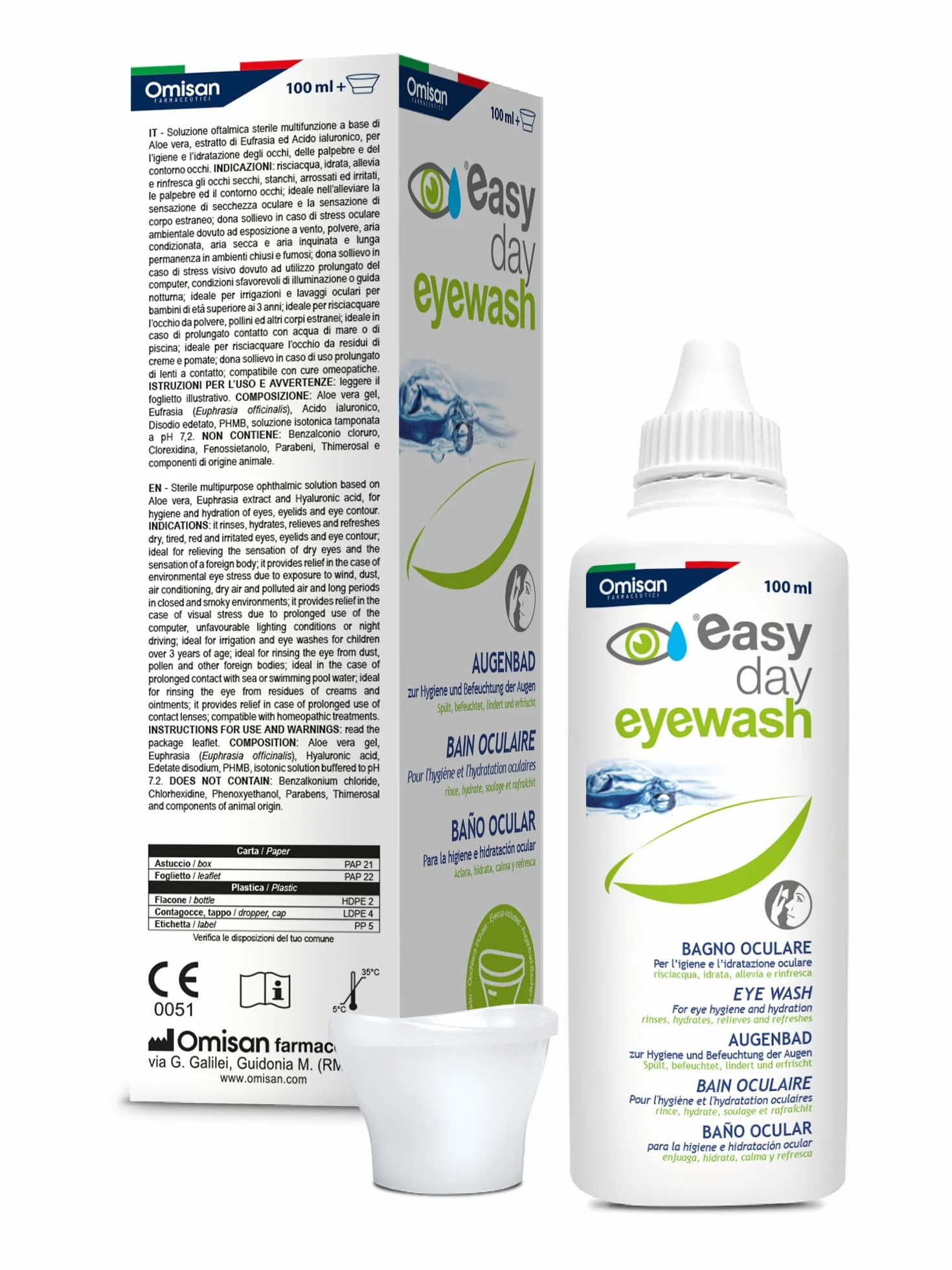 Easy Day Bagno Oculare Multi Azione, per Occhi Rossi, Stanchi e Irritati. Con Acido ialuronico ed Estratti Naturali - 100ml + Occhiera