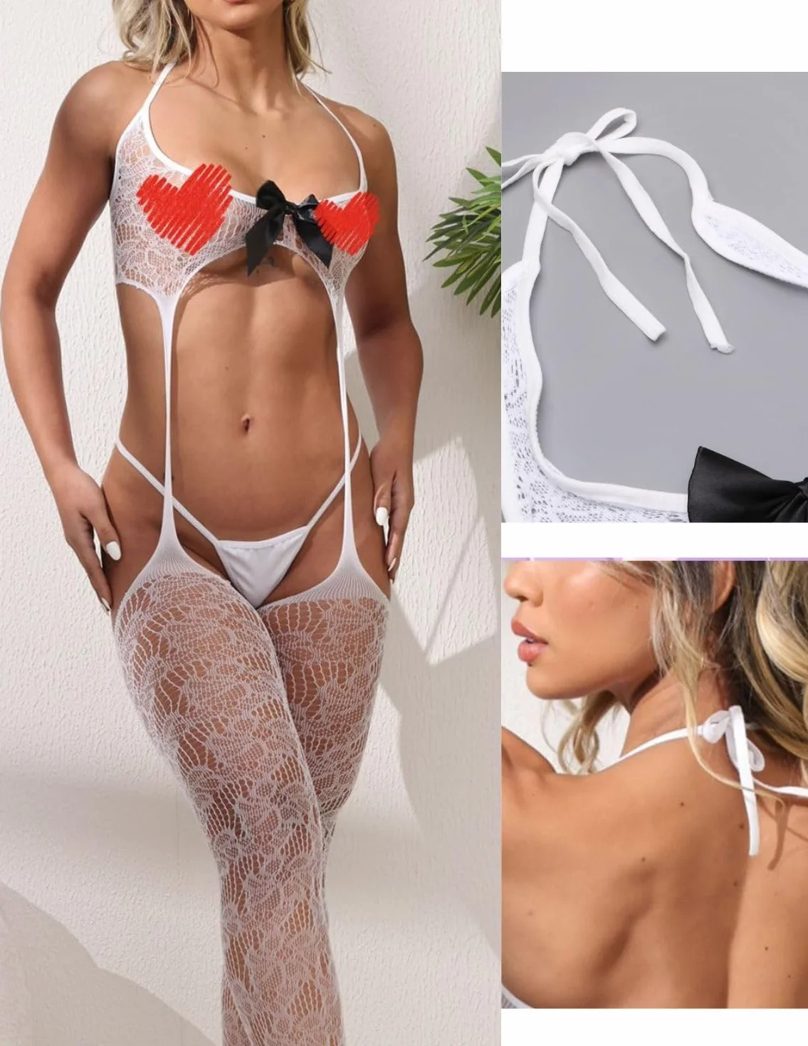 Body Rete Sexy Donna con Calze,Bodystocking Prospettiva Hot,Set Lingerie Fiocco Reggicalze,Collant Pizzo Hollow,Biancheria Intimo Babydoll Trasparente Reggiseno,Indumenti Notte Maglia +G-String