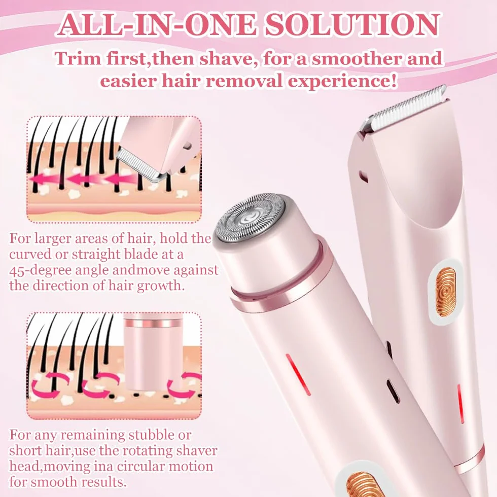 Rasoio elettrico da donna 2 in 1, Bikini Trimmer, impermeabile, utilizzabile sia a secco che bagnato, per gambe, braccia, ascelle e zona bikini (Rosa)