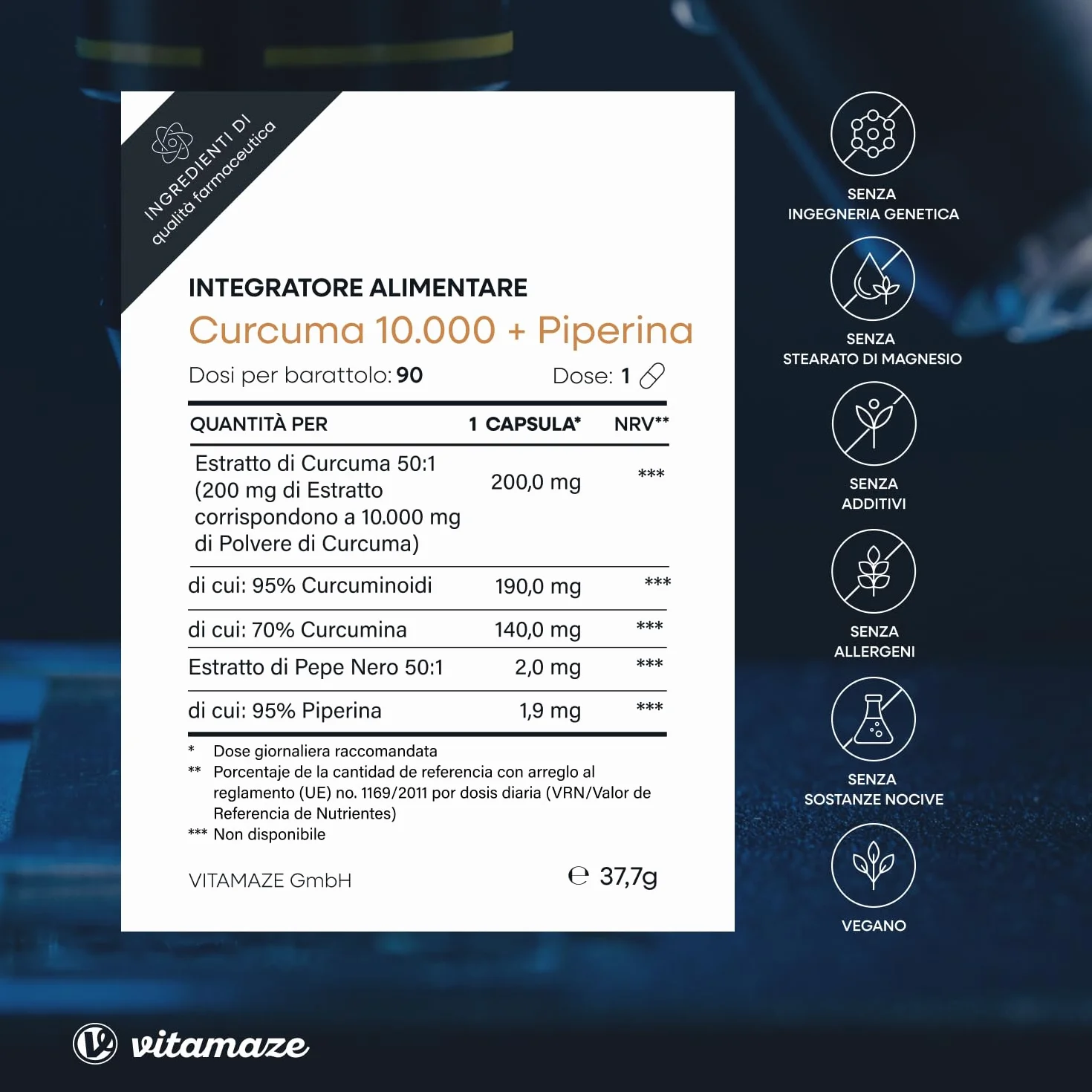 Curcuma Premium 10.000 mg ad Alto Dosaggio 95% Capsule con Curcumina e Piperina Bioattiva (Bioperine), 1 Capsula al Giorno per 3 Mesi, Senza Additivi, Prodotto in Germania, Vitamaze