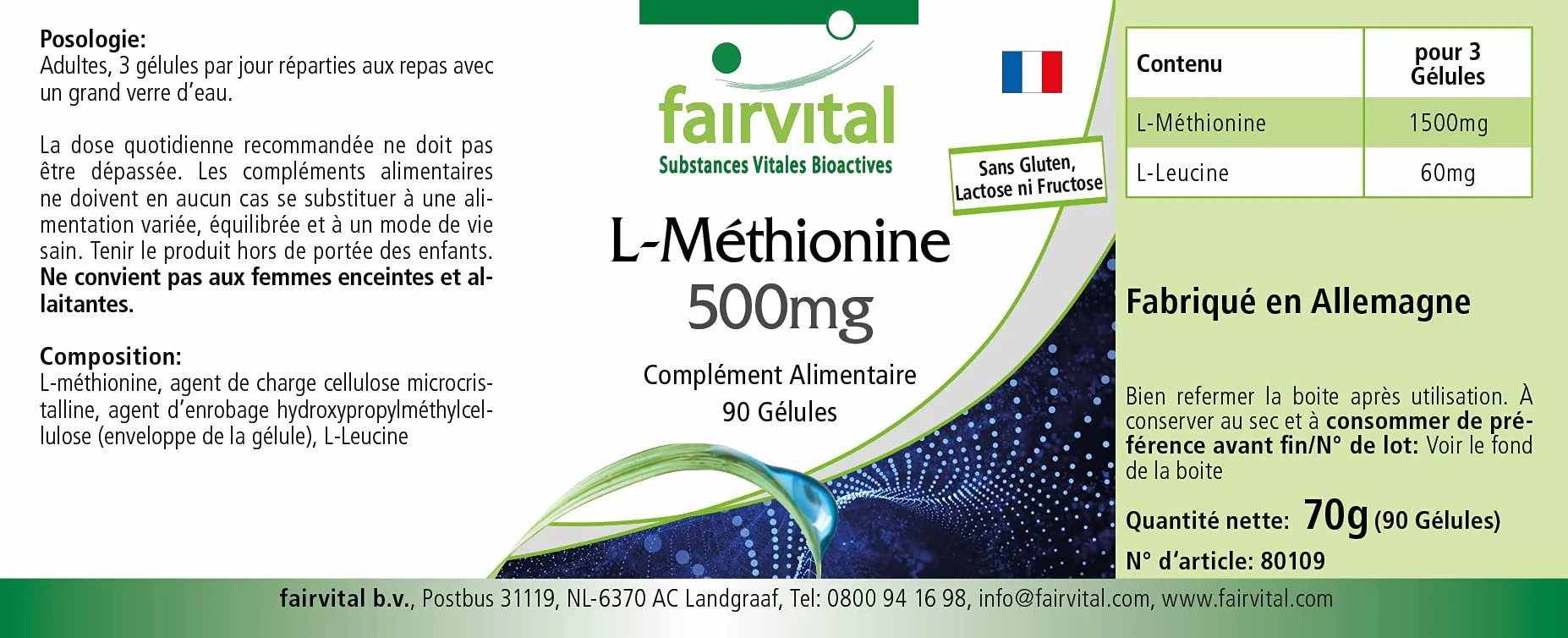 fairvital L-metionina 500 mg, 90 capsule, ALTO DOSAGGIO, VEGANO, aminoacido