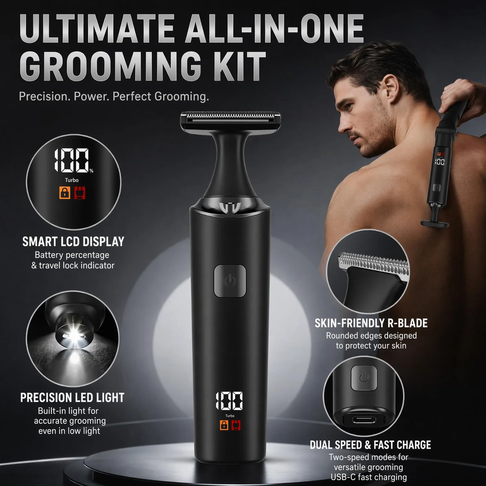 Rasoio Elettrico Per La Schiena Da Uomo, Depilatore Corpo Uomo Kit 5 In 1 Con Braccio Ausiliario Allungabile, per viso, Mento, Braccio, Schiena, Peli Pubici (A)