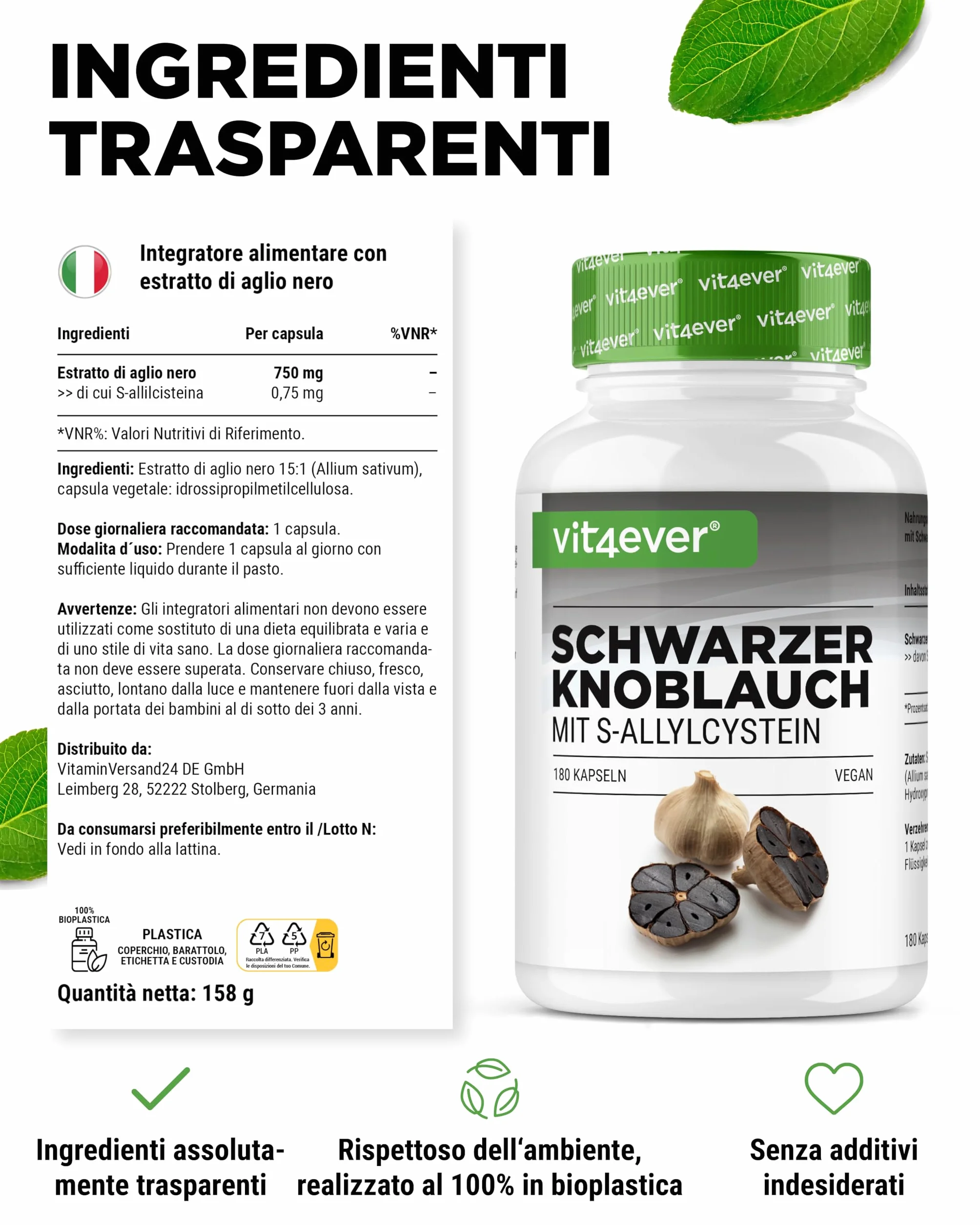 Aglio nero 15:1 Estratto - 180 Capsule da 750 mg - Premium: Con S-Allylcysteine (SAC) - Fermentato - Inodore - Testato in laboratorio - Altamente dosato - Vegan