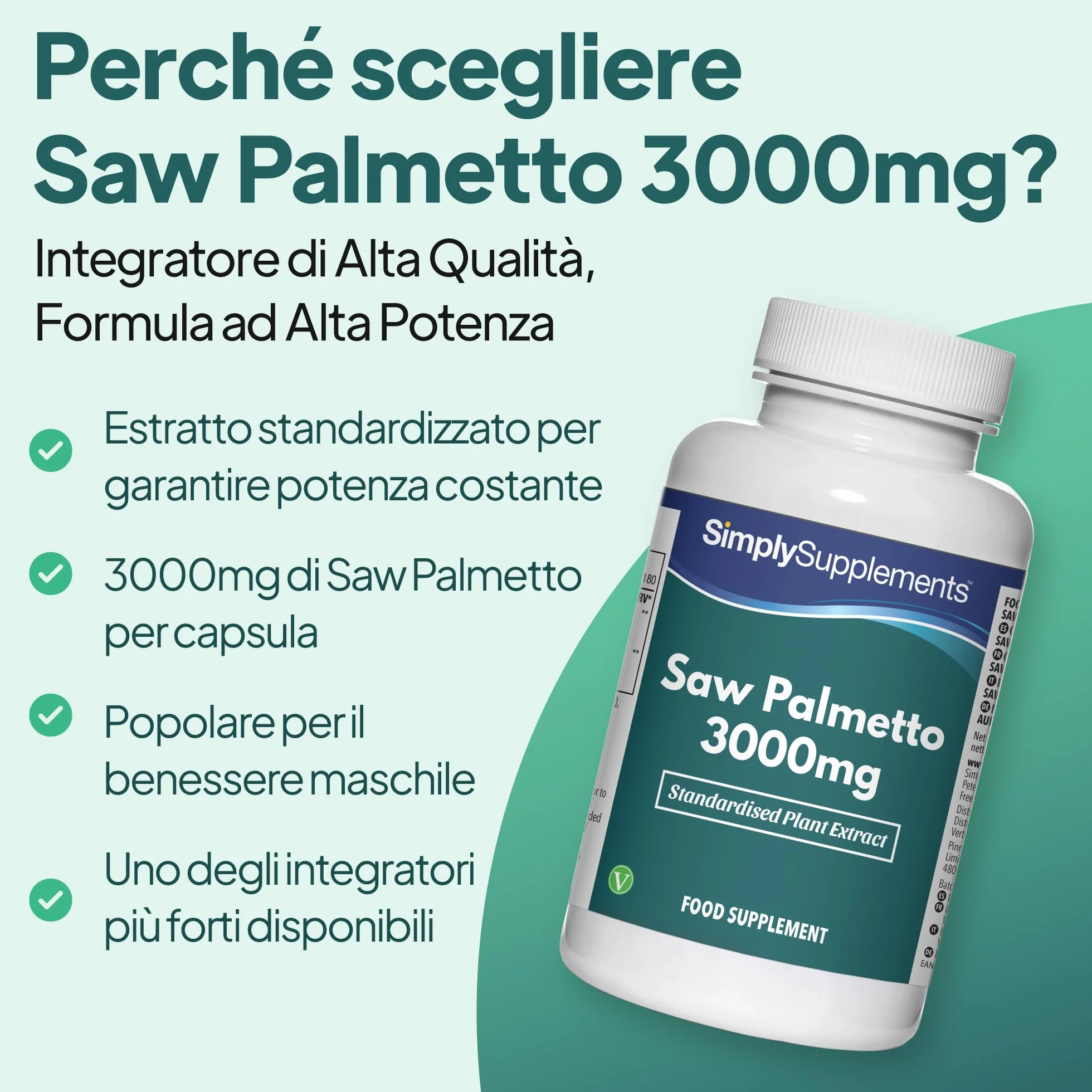 Capsule di Saw Palmetto 3000mg 180 Capsule Integratore Vegano Standardizzato