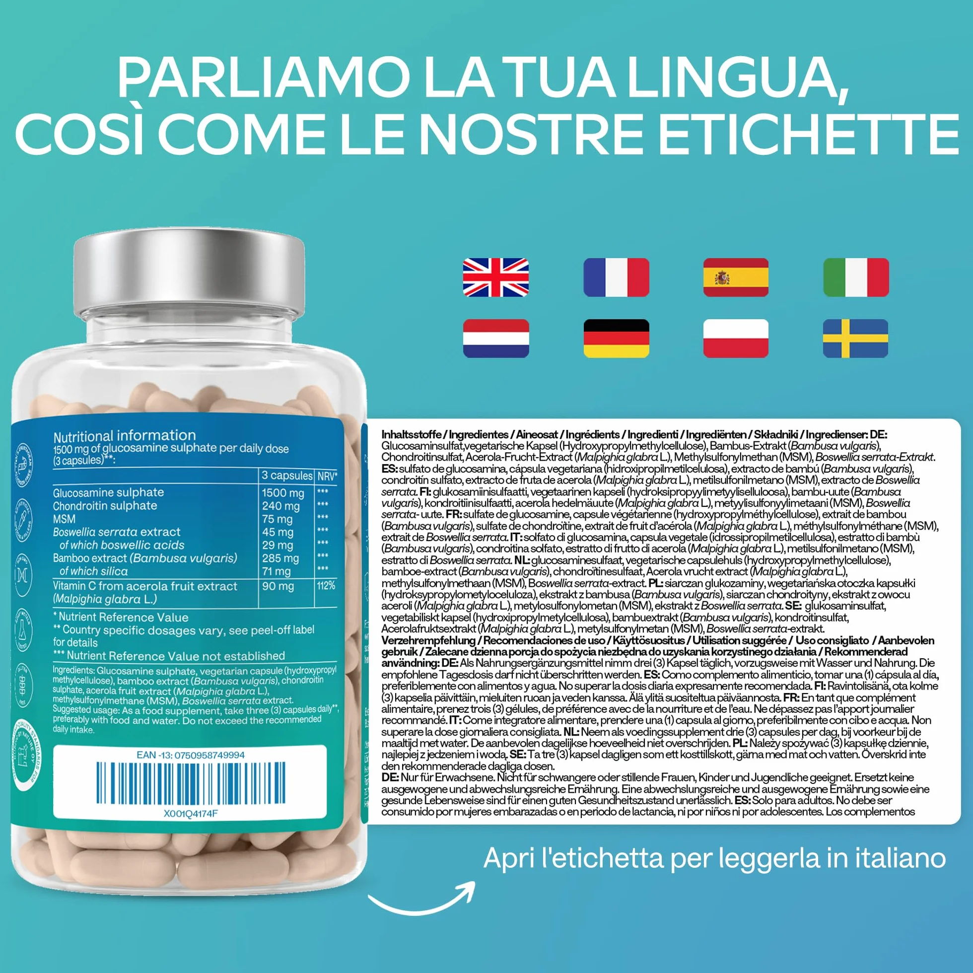 Glucosamina Condroitina MSM Integratore Alto Dosaggio con Boswellia Serrata e Vitamina C Naturale da Acerola - Senza Pesce e Crostacei - Integratore Difese Immunitarie, Ossa, Cartilagini - 180 Capsule