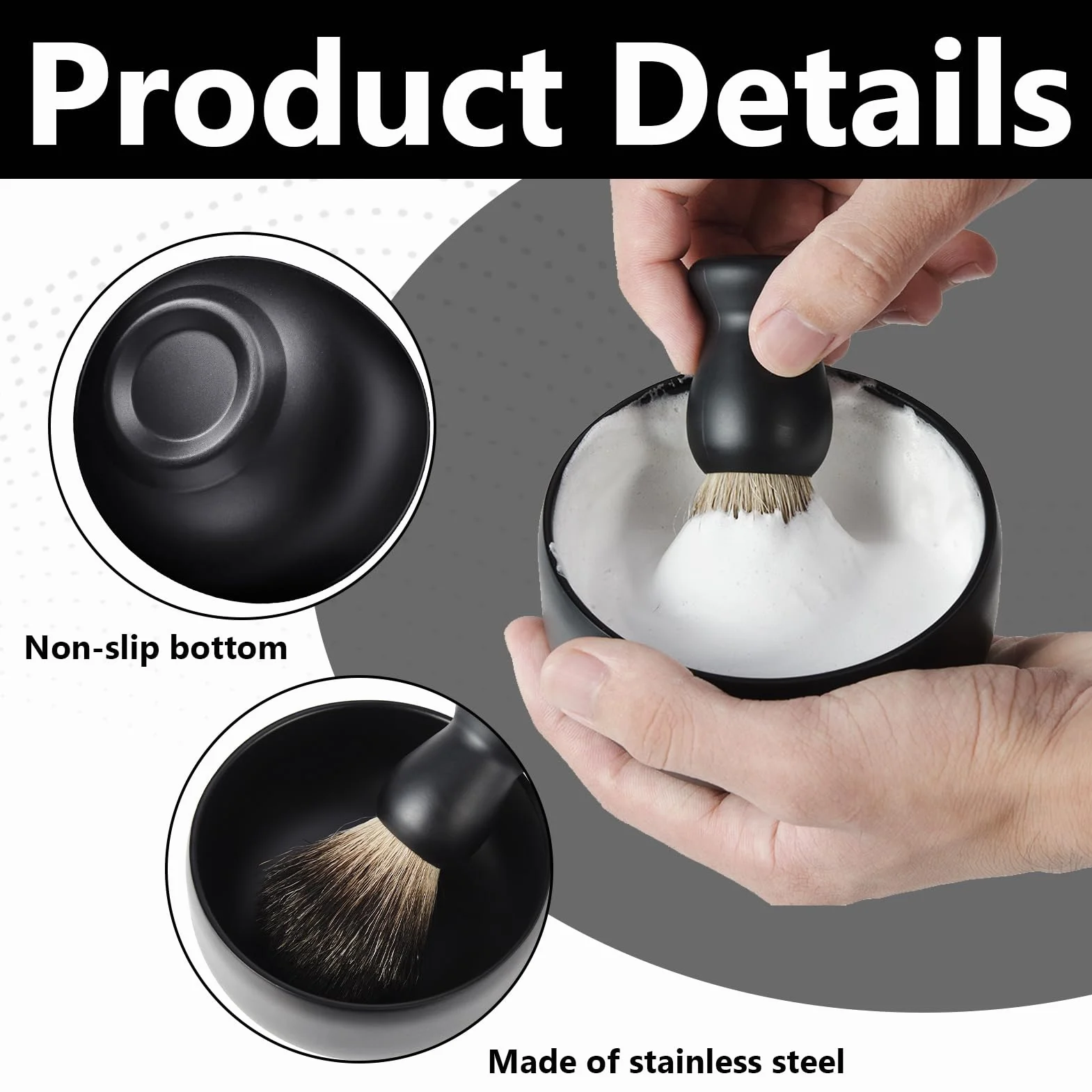Ciotola per rasatura, acciaio inox, nero, classica, 5,6 x 8 cm, per rasatura a umido