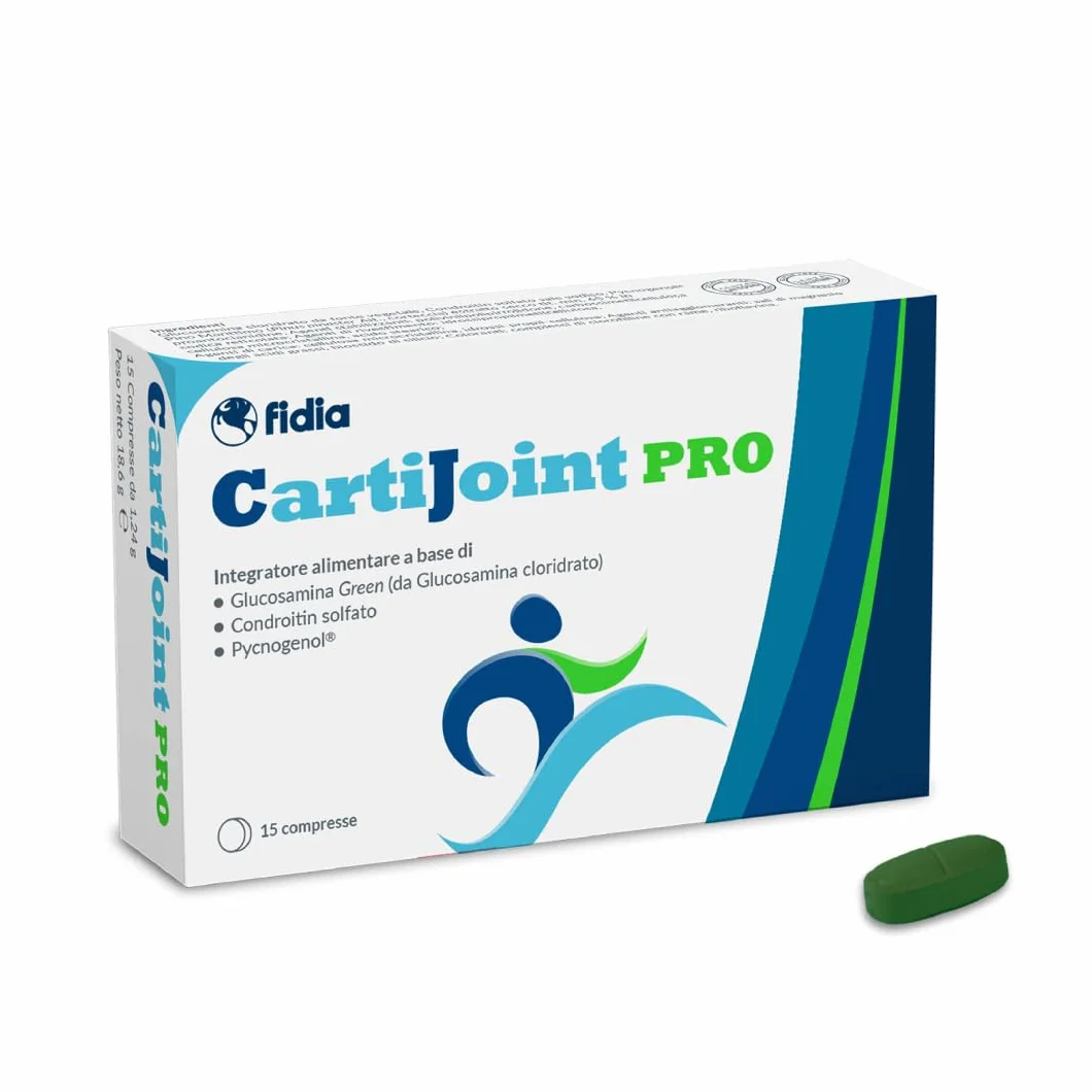 Fidia Farmaceutici CartiJoint PRO - 15 Compresse, Integratore a Base di Glucosamina Cloridrato Green, Condroitin Solfato e Pycnogenol®, Senza Glutine e Lattosio, Adatto per Allergici ai Crostacei
