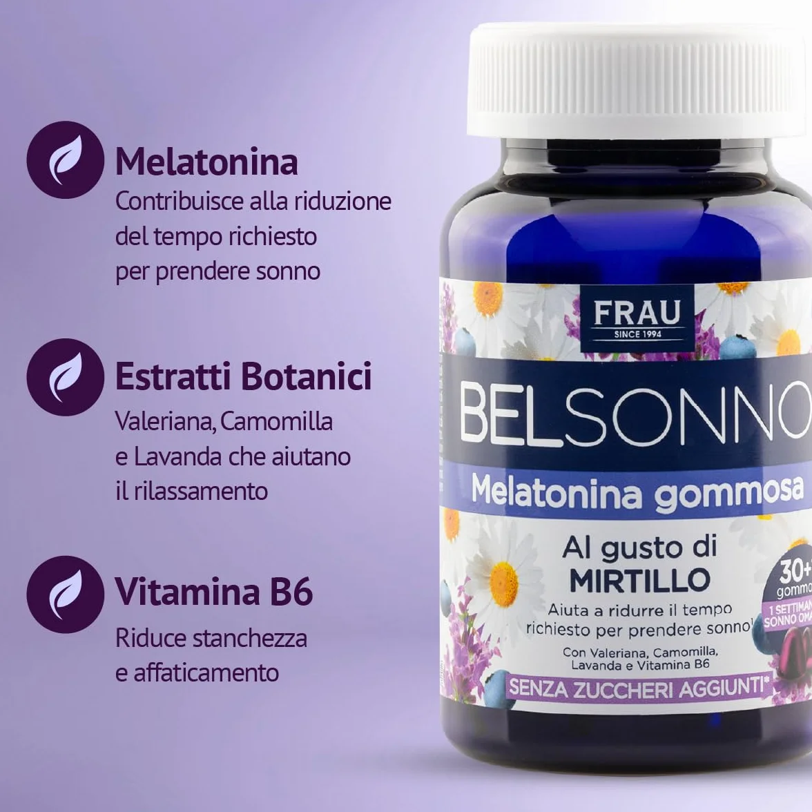FRAU BEL SONNO Caramelle di Melatonina Gommosa con Valeriana, Camomilla, Lavanda e Vitamina B6, Gusto Mirtillo