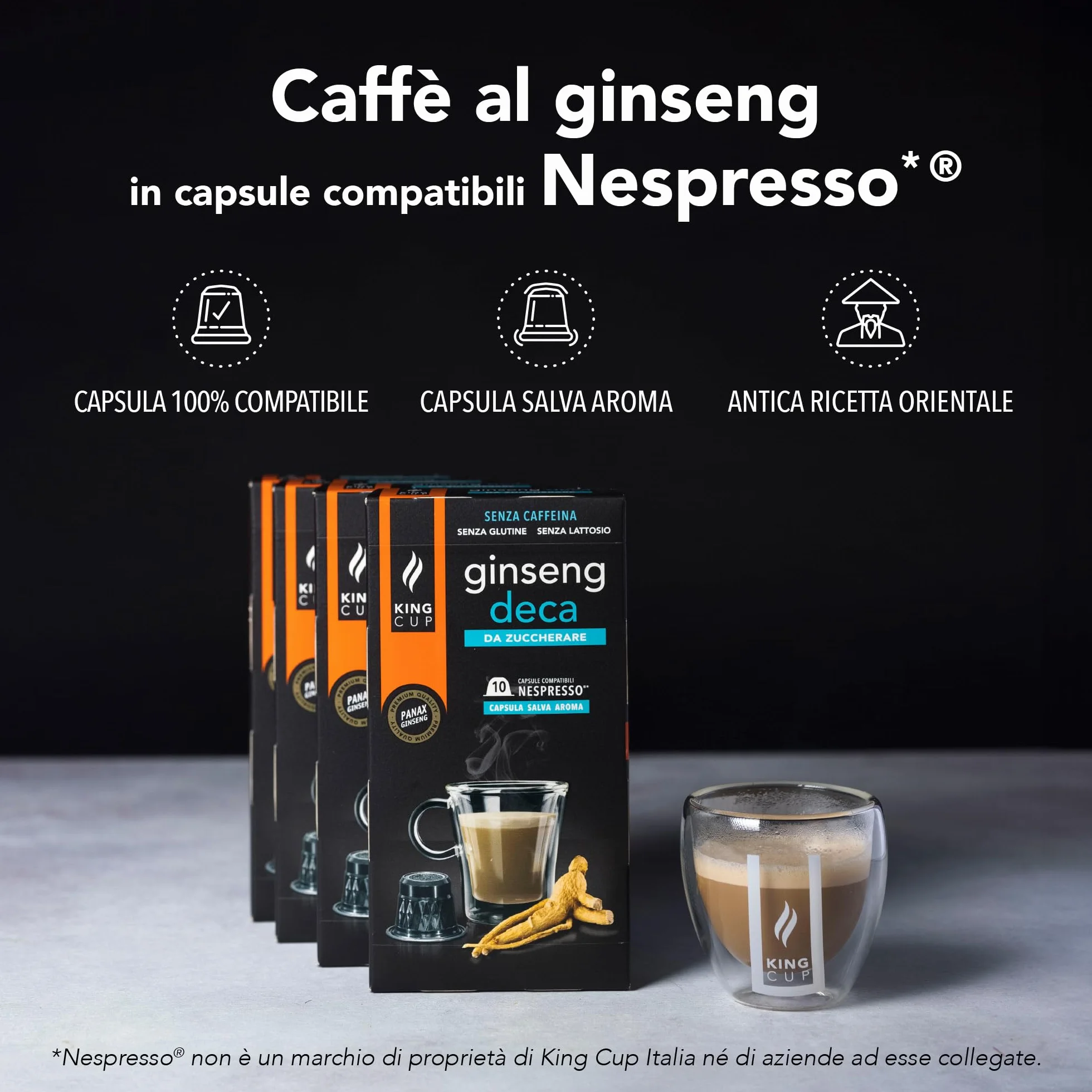 King Cup 5 Confezioni 50 Capsule Ginseng Deca Compatibili Nespresso Senza Glutine