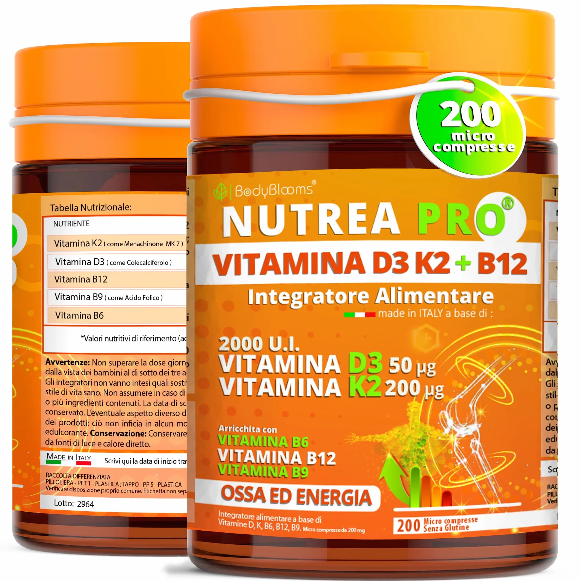 Vitamina d3 k2 2000UI - 200 Micro Compresse vit d3 k2 Arricchite con B12 e Acido folico. Supporto completo per ossa, muscoli ed energia - Integratore di Vitamina D senza glutine. Made in Italy