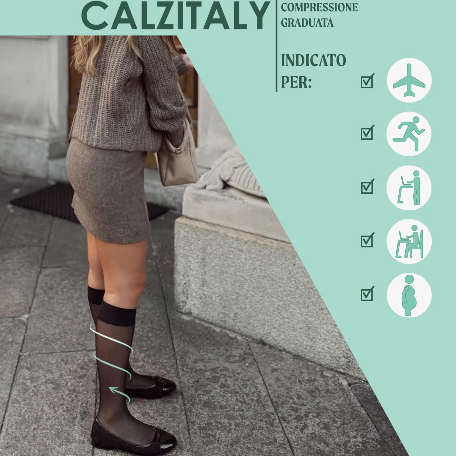 CALZITALY Gambaletti Compressione Graduata Forte 140 DEN 15/21mm/Hg Punta Aperta Beige S/M