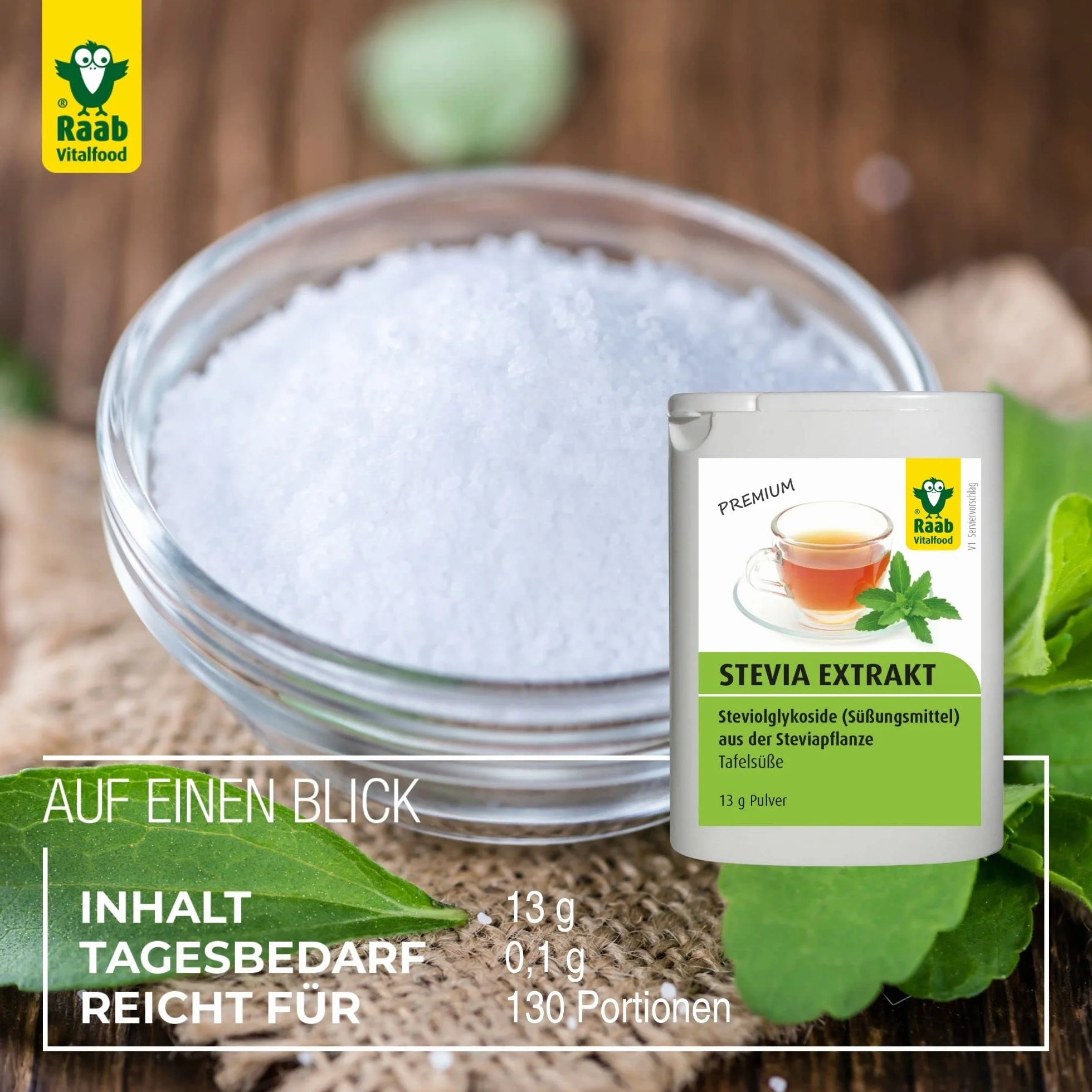 Raab, Dolcificante a base di estratto di stevia in polvere bio, 50g
