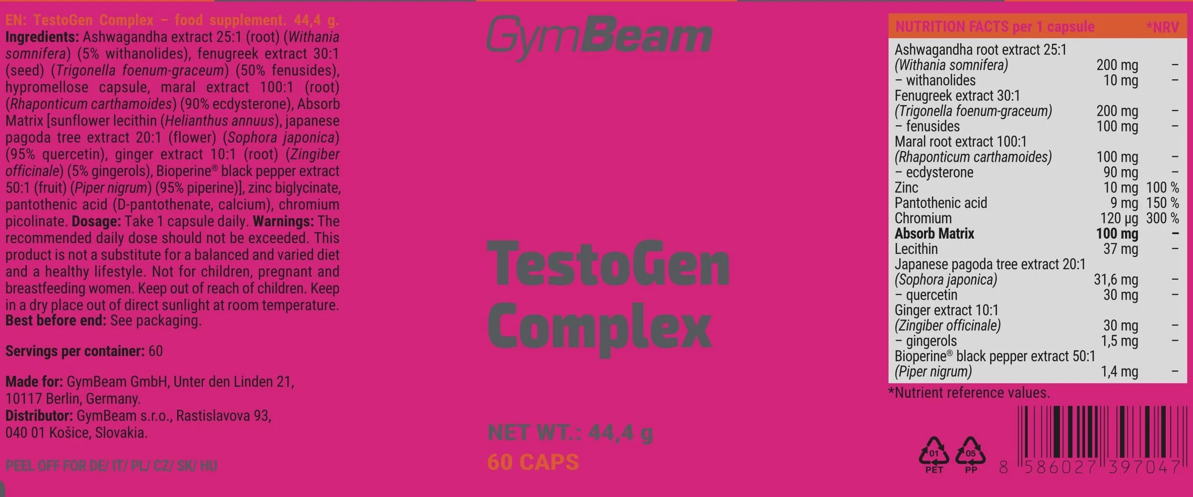GymBeam Testogen Complex - Testobooster con Zinco, Ashwagandha e 10 Ingredienti Attivi - Supporto Testosterone, Energia e Vitalità - Riduce Stanchezza - Capsule Vegane