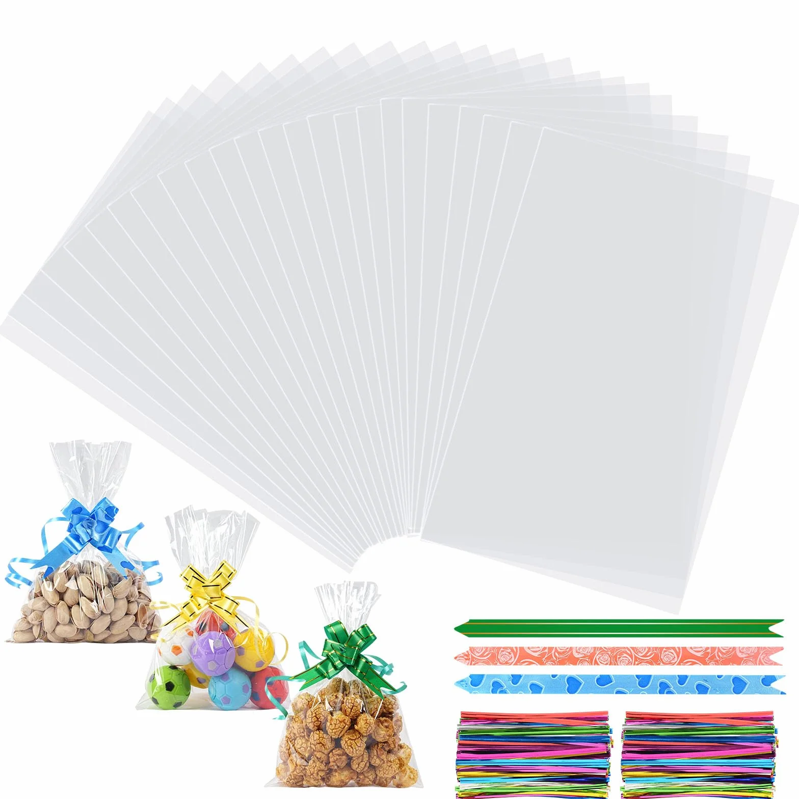 Sacchetti in Cellophane Trasparente 14x20 cm 100 Pezzi con Fiocchi e Lacci per Alimenti Confezioni Regalo