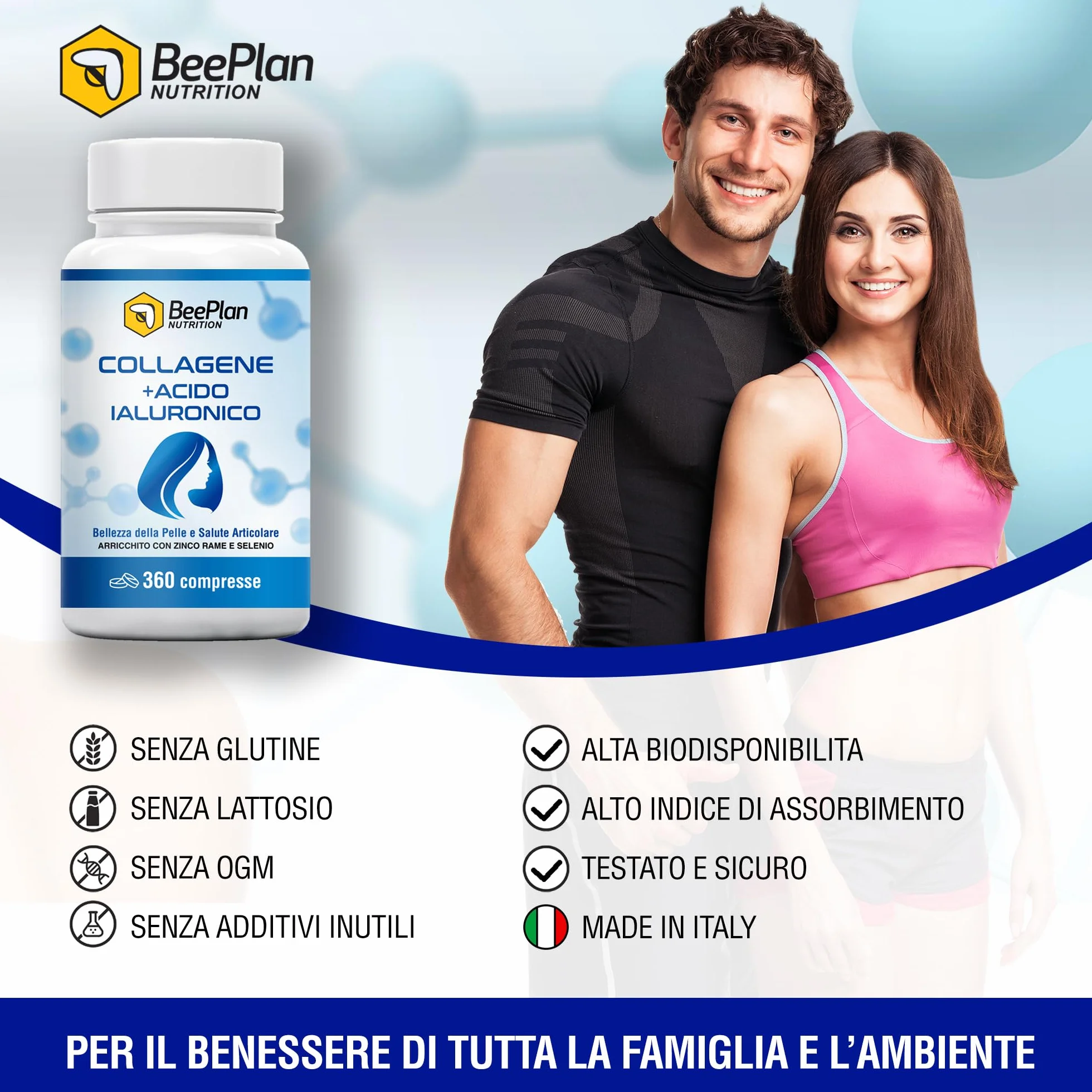 COLLAGENE 360 Compresse - Collagene Idrolizzato 2000 mg - Acido Ialuronico - Pelle Luminosa, Articolazioni Sane e Ossa Forti - Made in Italy