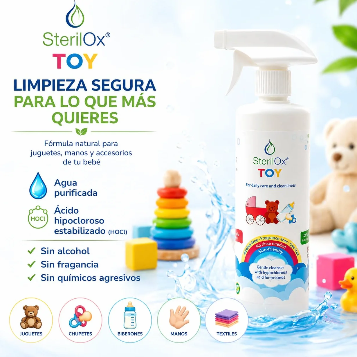 Spray detergente naturale 500 ml con acido ipocloroso per giocattoli bambini