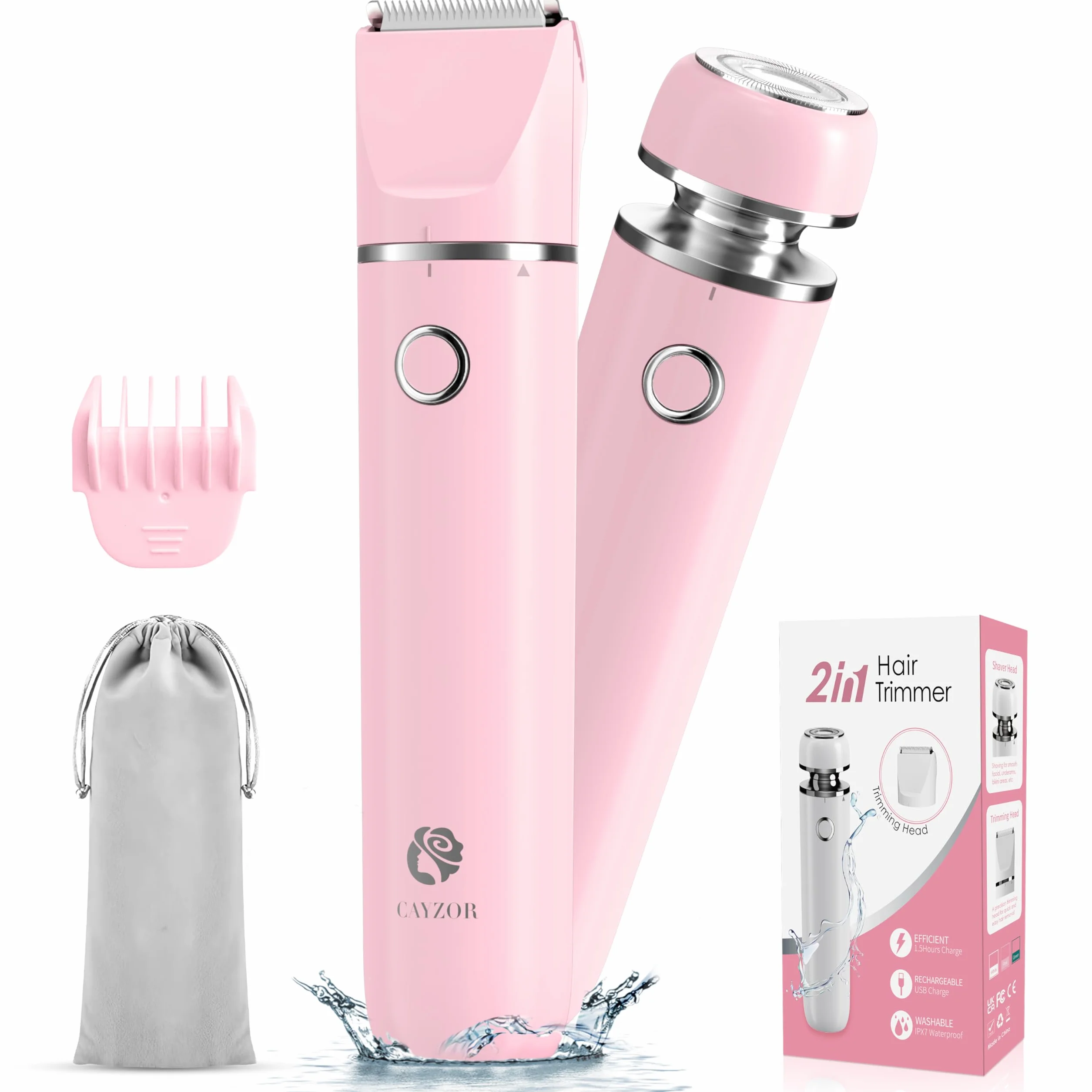 Cayzor Rasoio per bikini da donna 2 in 1 impermeabile senza fili rimozione peli (Rosa)