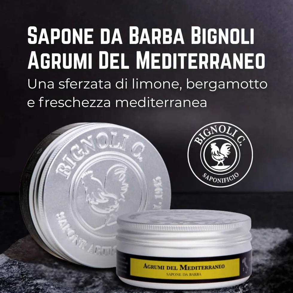 Bignoli Sapone da Barba Artigianale – Sapone da Barba con Schiuma Ricca per Rasatura Tradizionale (175 gr, Agrumi)