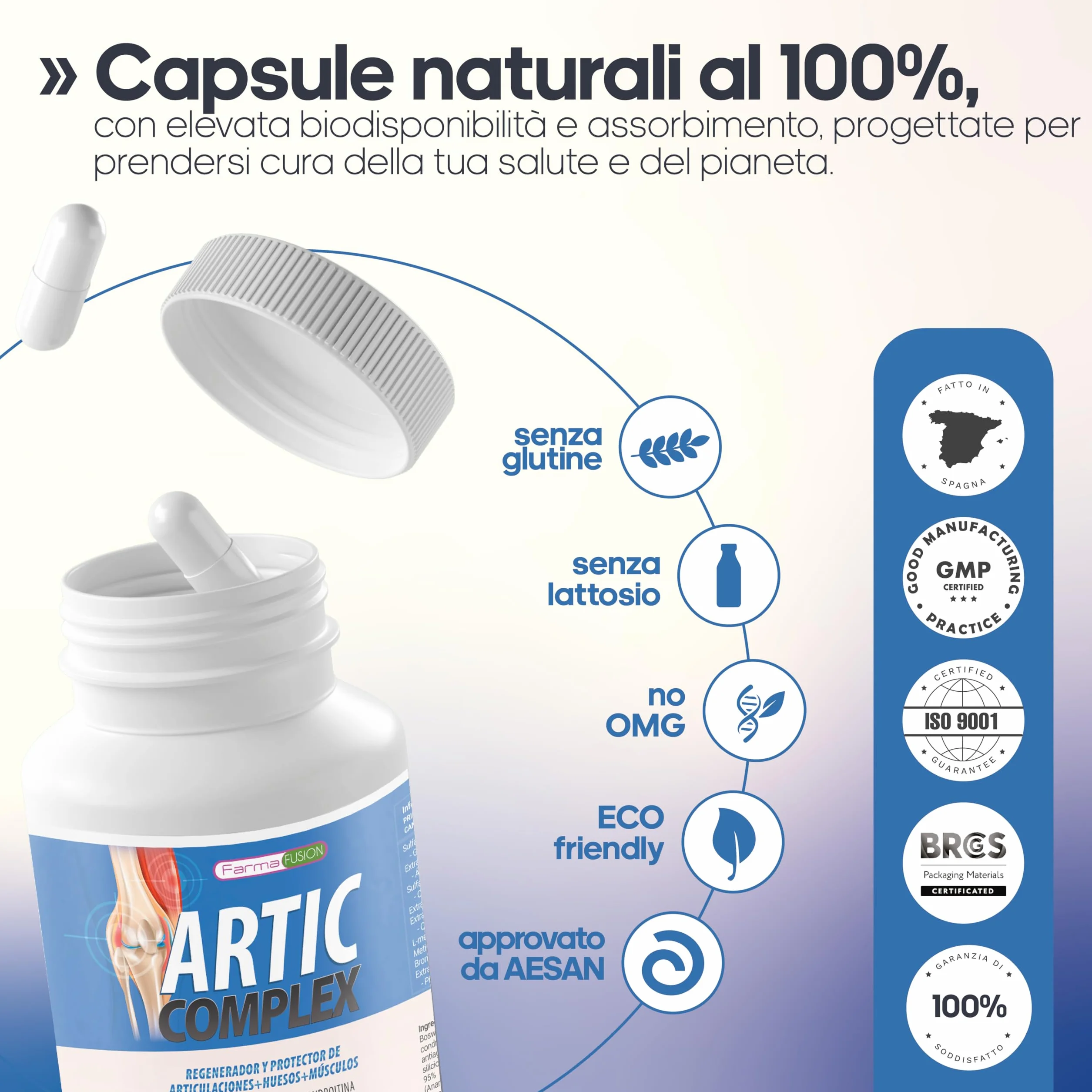 Farma Fusion Artic Complex | Curcuma, Glucosamina, Condroitina e Collagene | Elimina il dolore di muscoli, articolazioni e Ossa | Antinfiammatorio con azione analgesica | Ripara le Articolazioni 90u