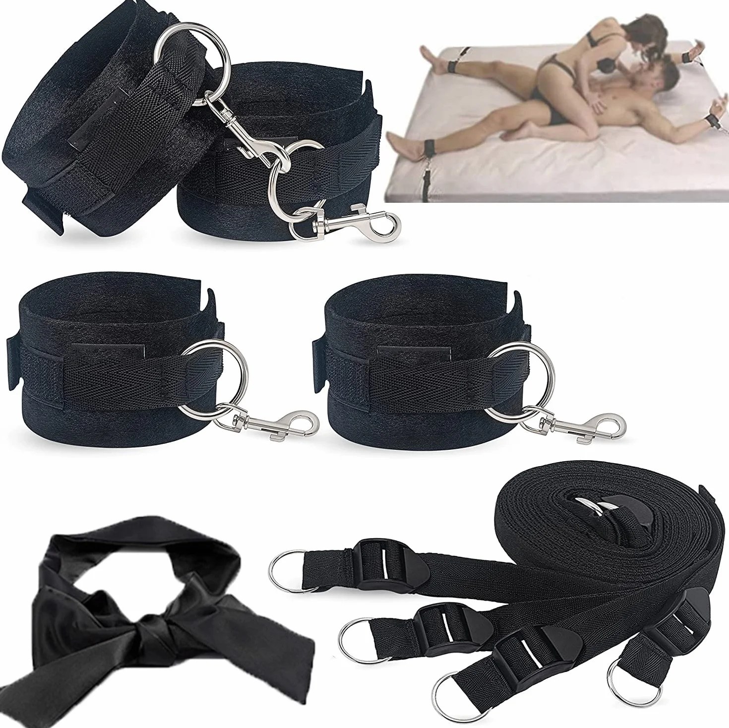 Set Bondage SM Letto Vincoli con Morsetti Capezzoli Maschera Occhi Manette Piedi Giocattoli Sesso per Principianti Coppie