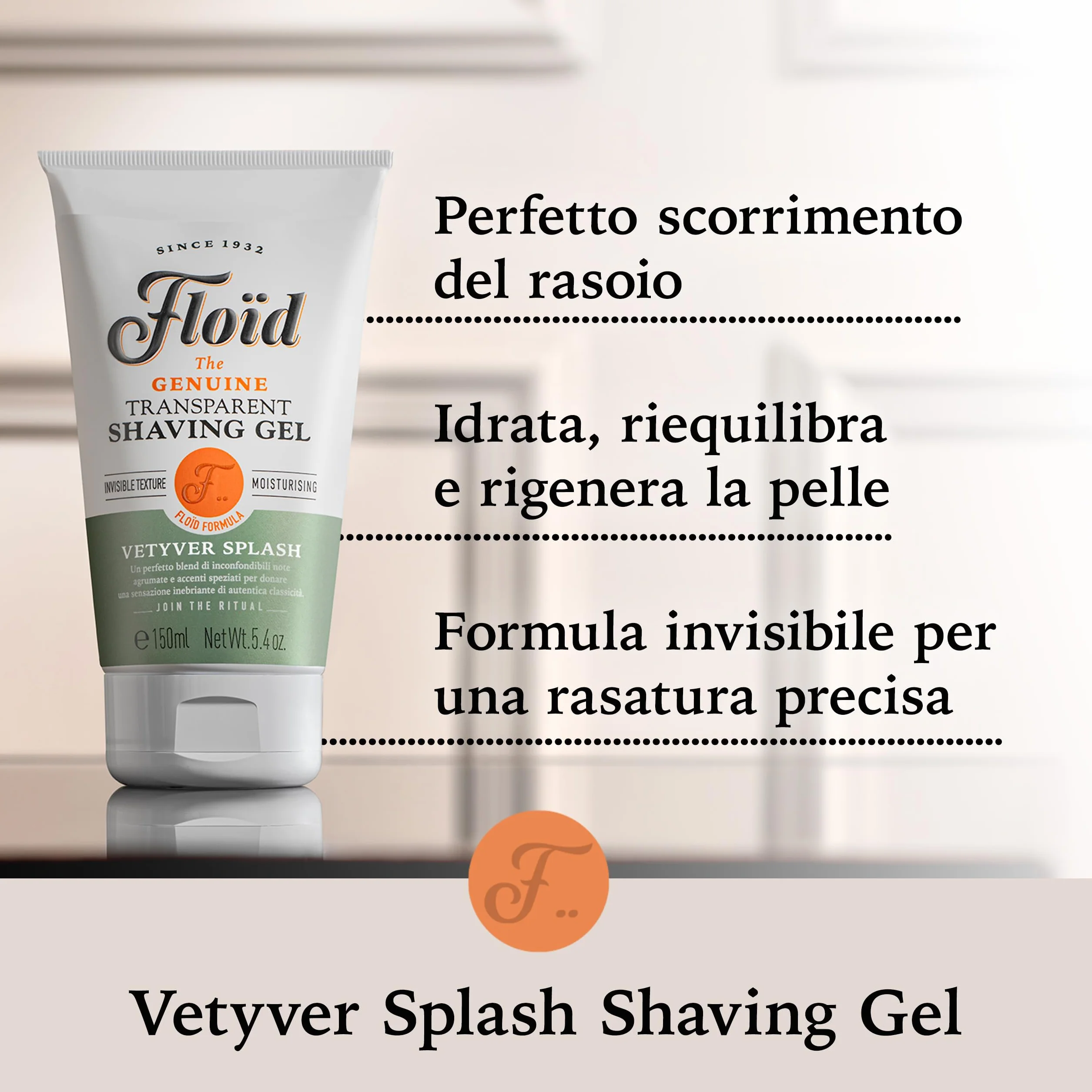 Floïd Transparent Shaving Gel Vetyver Splash (150 ml), Gel da barba profumato con glicerina idratante, Crema da barba trasparente per una rasatura comfortevole