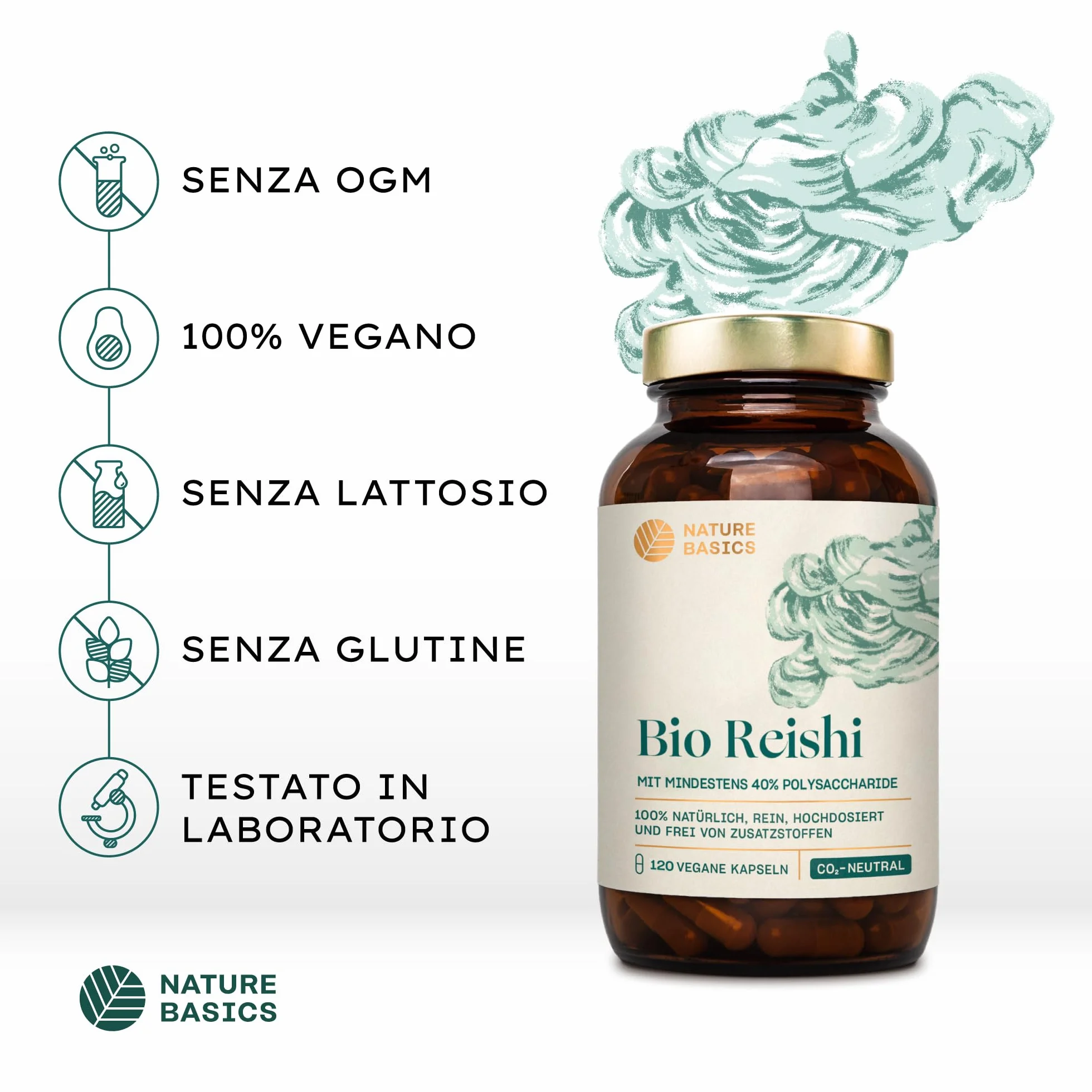Reishi biologico - 120 capsule ad alto dosaggio / 1500 mg di estratto di Reishi biologico di alta qualità con 600 mg di polisaccaridi per dose giornaliera/Vegano e certificato
