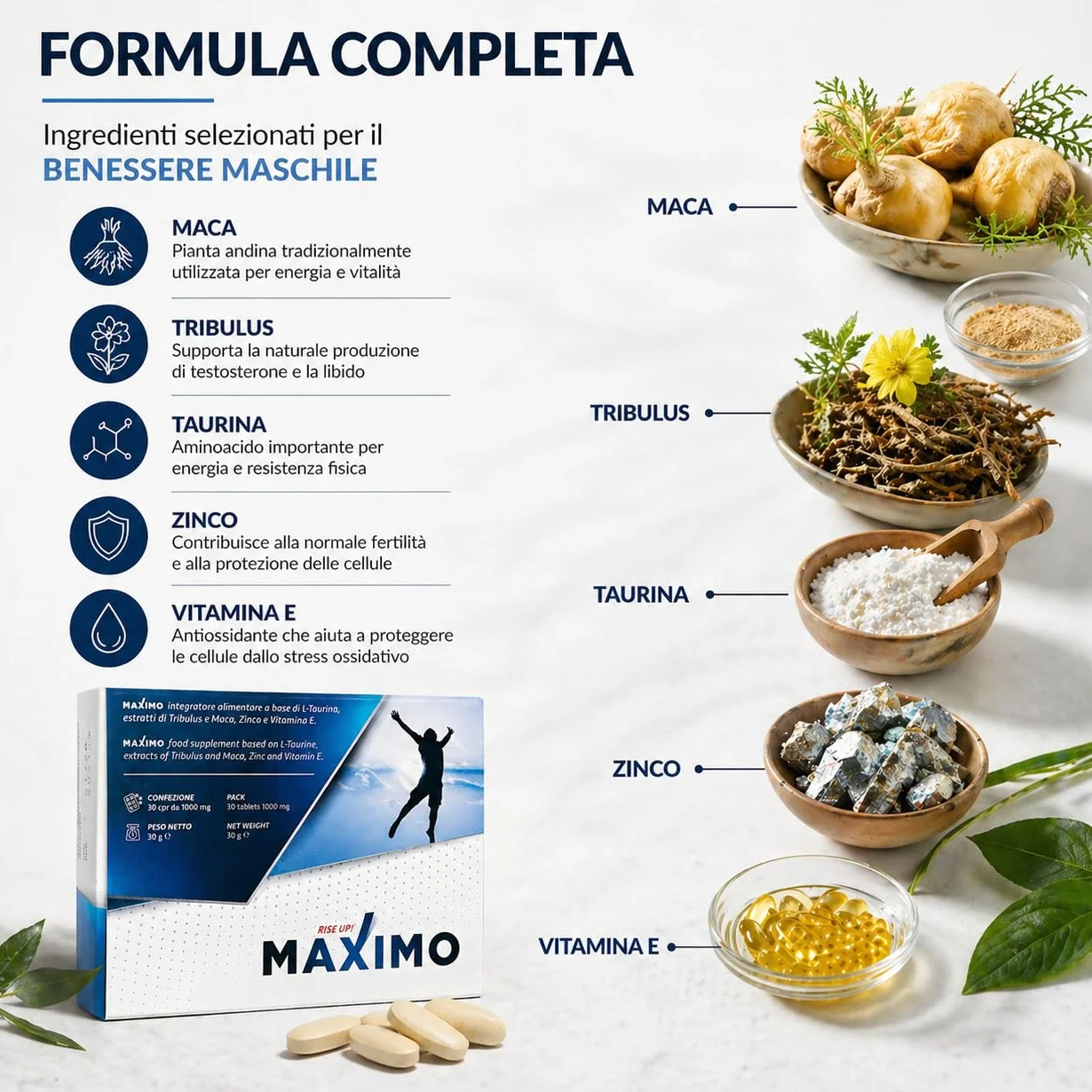 MAXIMO RiseUp Integratore Energia e Vitalità 30 Compresse Maca Taurina Zinco Vitamina E