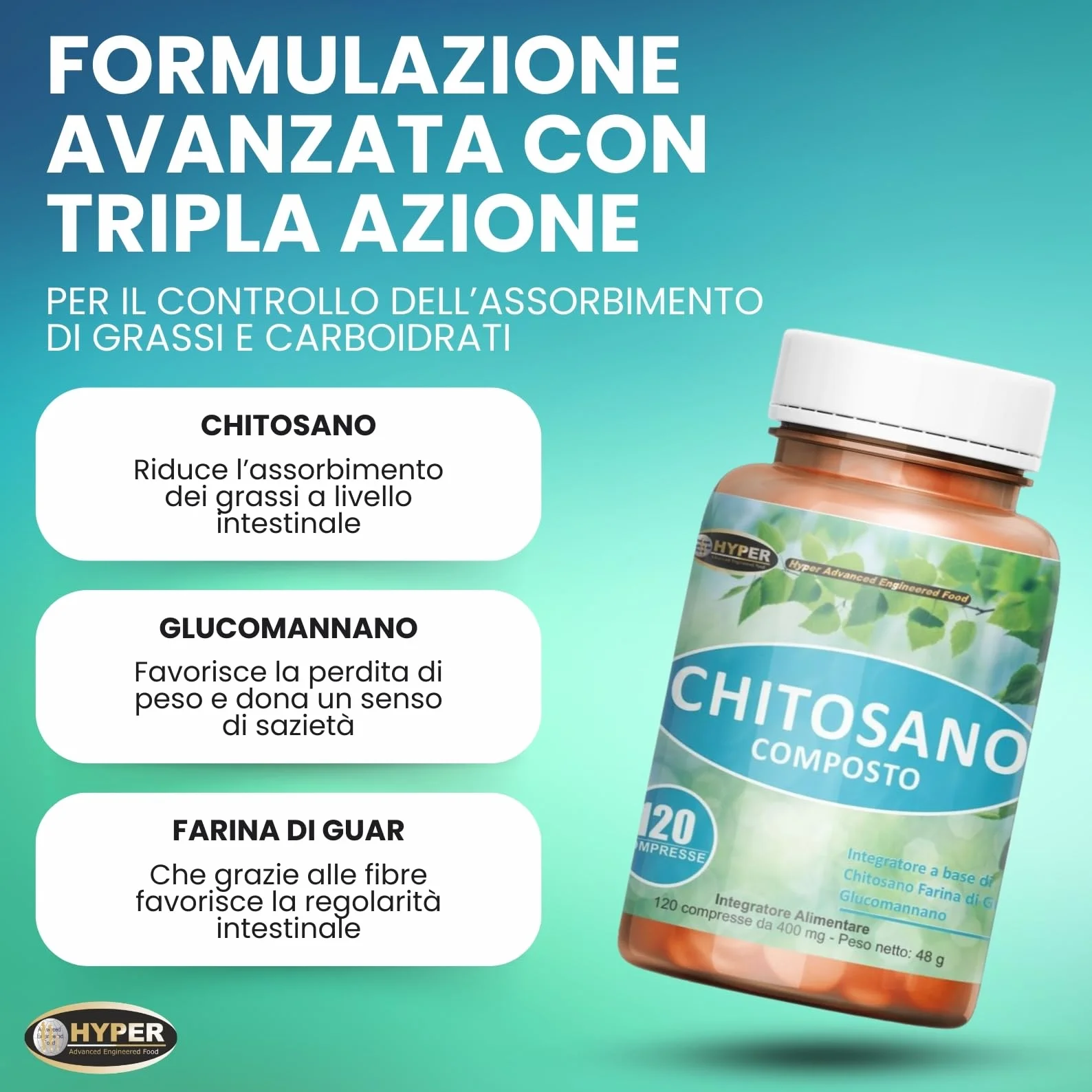 Hyper Chitosano Glucomannano 3x120 Compresse Integratore Dimagrante Brucia Grassi Riduzione Fame Nervosa